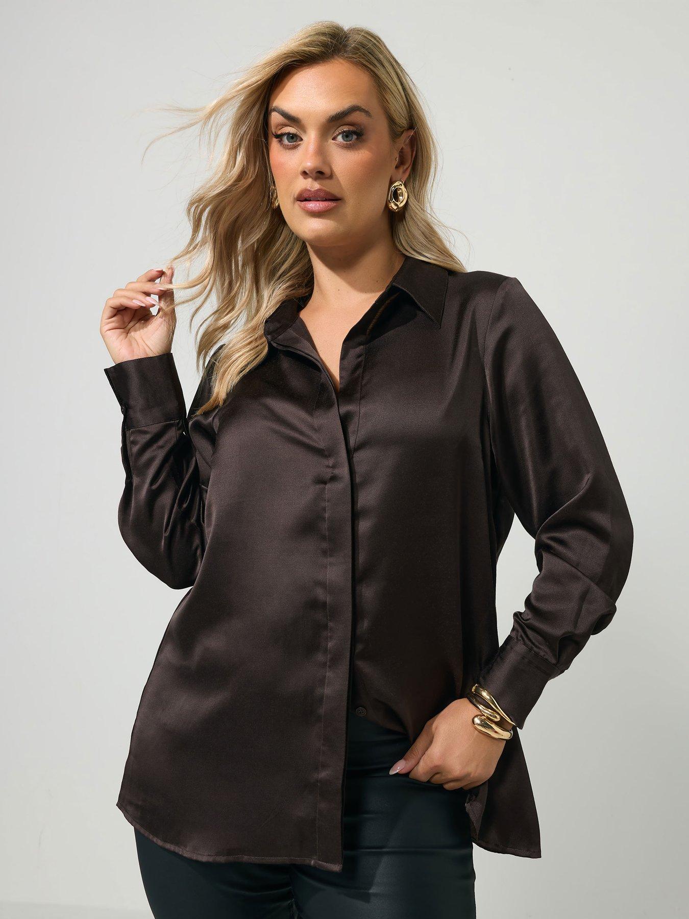 Image 1 of 4 of Yours Curve Satin Open Collar Shirt - Brown