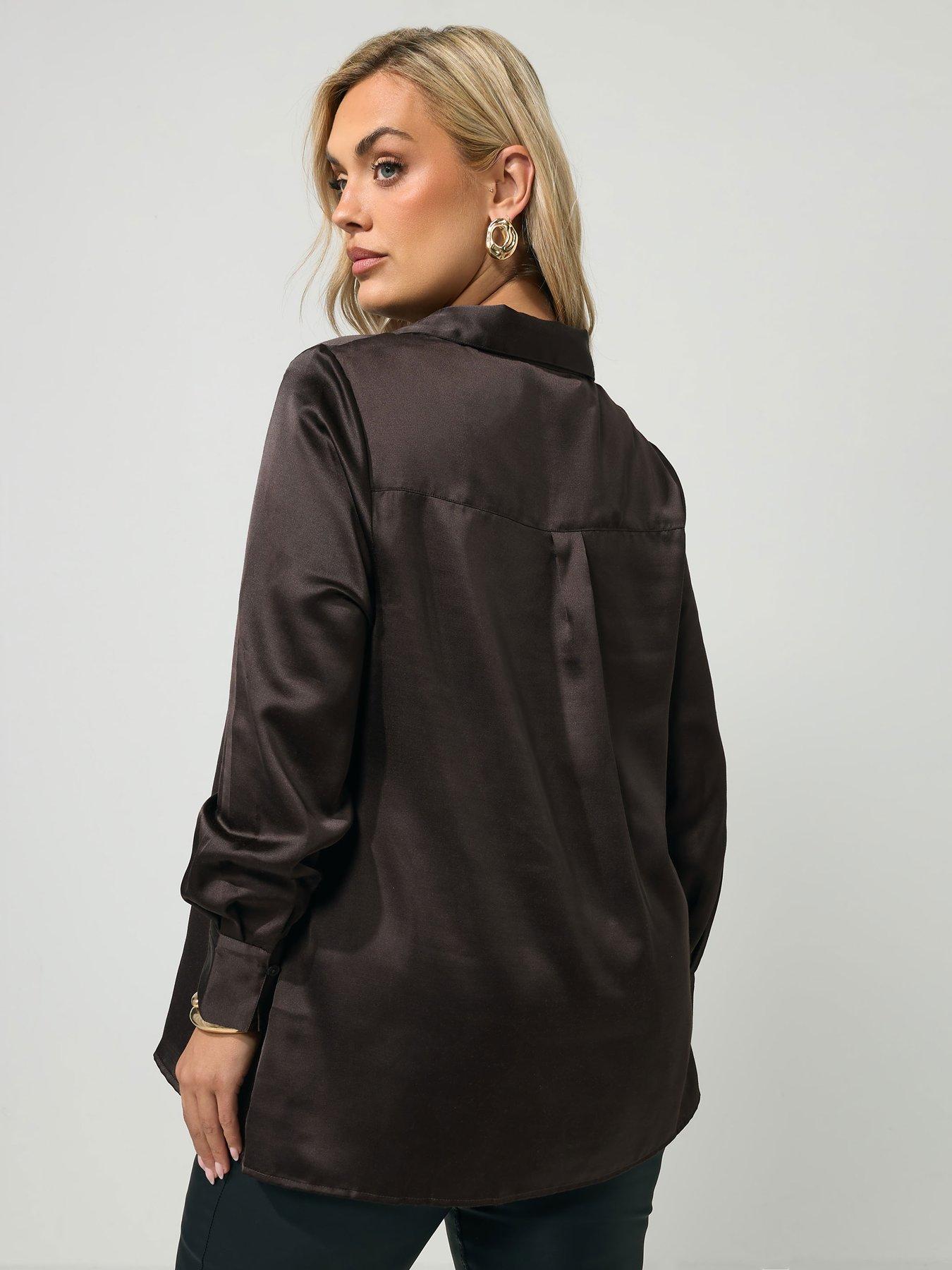 Image 2 of 4 of Yours Curve Satin Open Collar Shirt - Brown