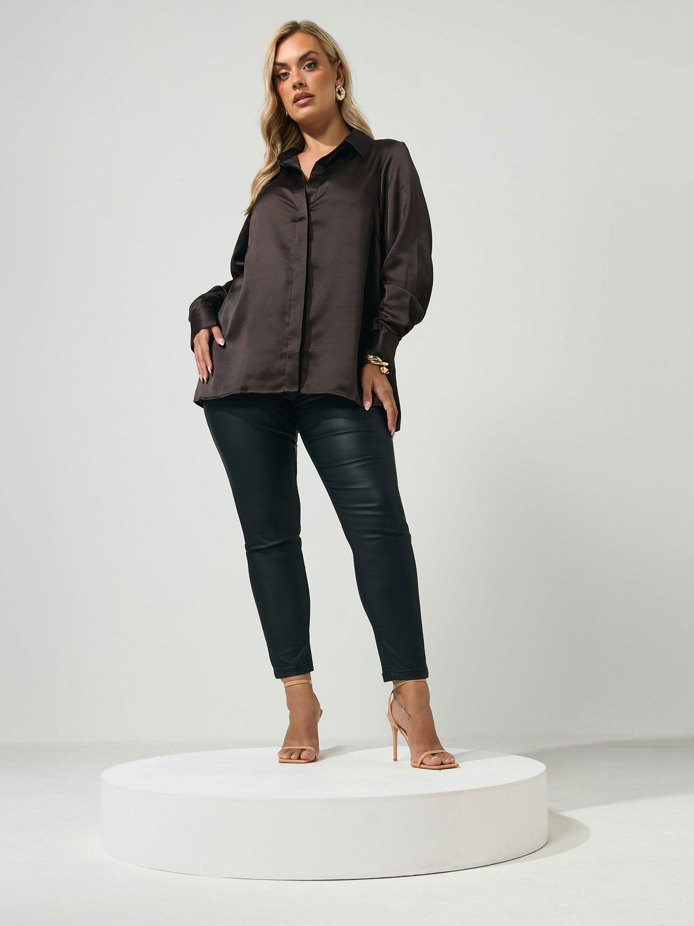 Image 3 of 4 of Yours Curve Satin Open Collar Shirt - Brown