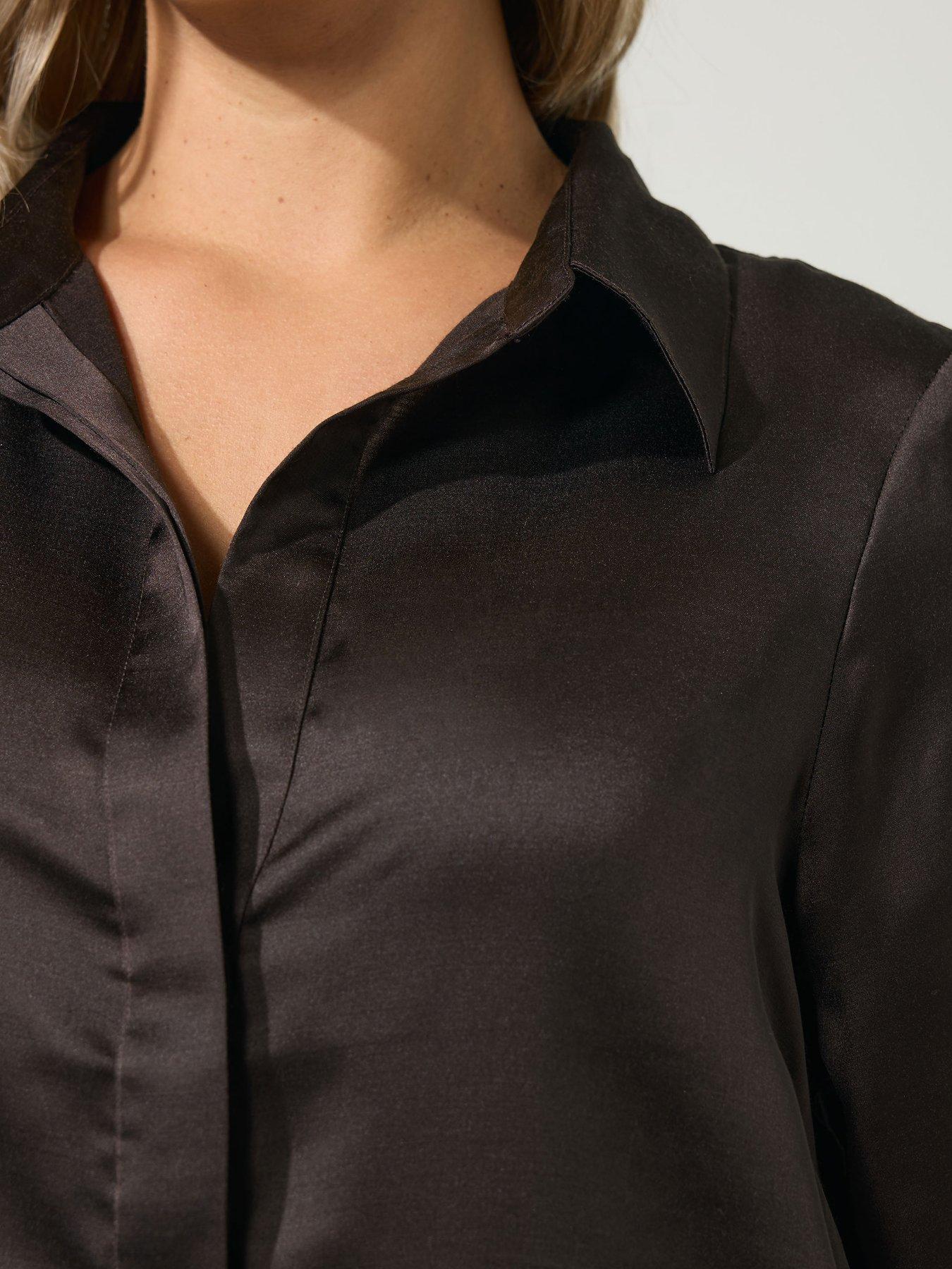 Image 4 of 4 of Yours Curve Satin Open Collar Shirt - Brown
