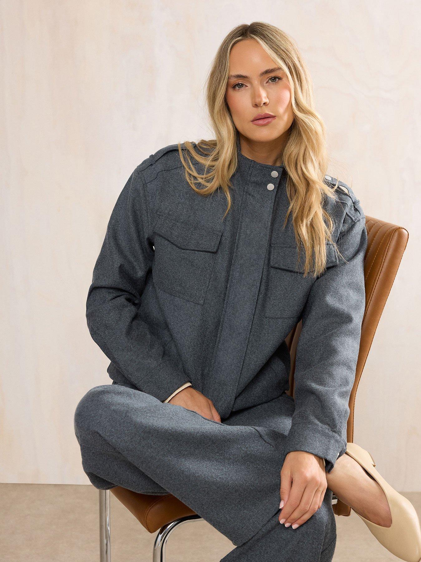 Long Tall Sally Herringbone Funnel Jacket - Grey
