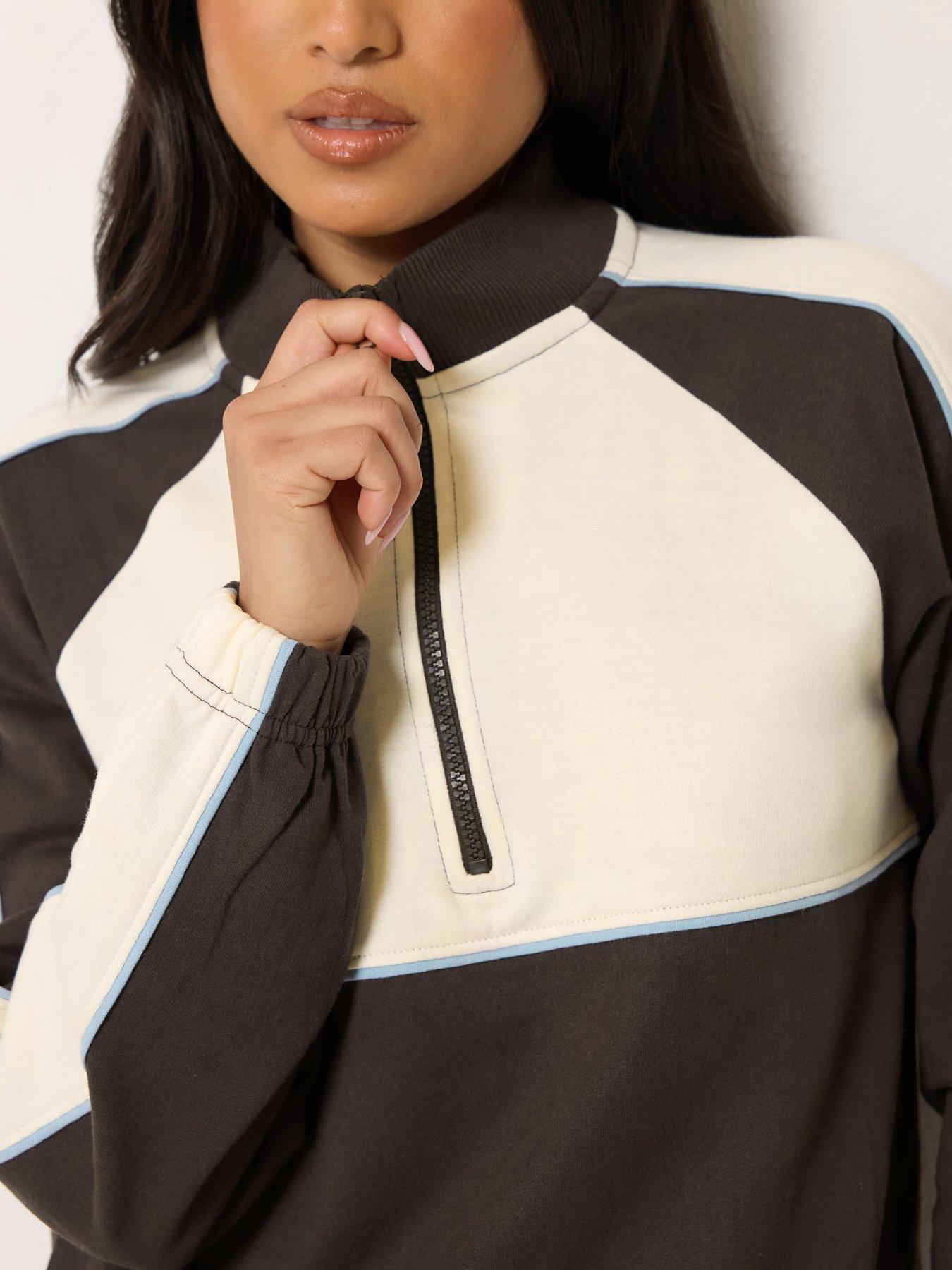 Image 4 of 4 of PixieGirl Petite Colourblock Zip Sweatshirt - Brown