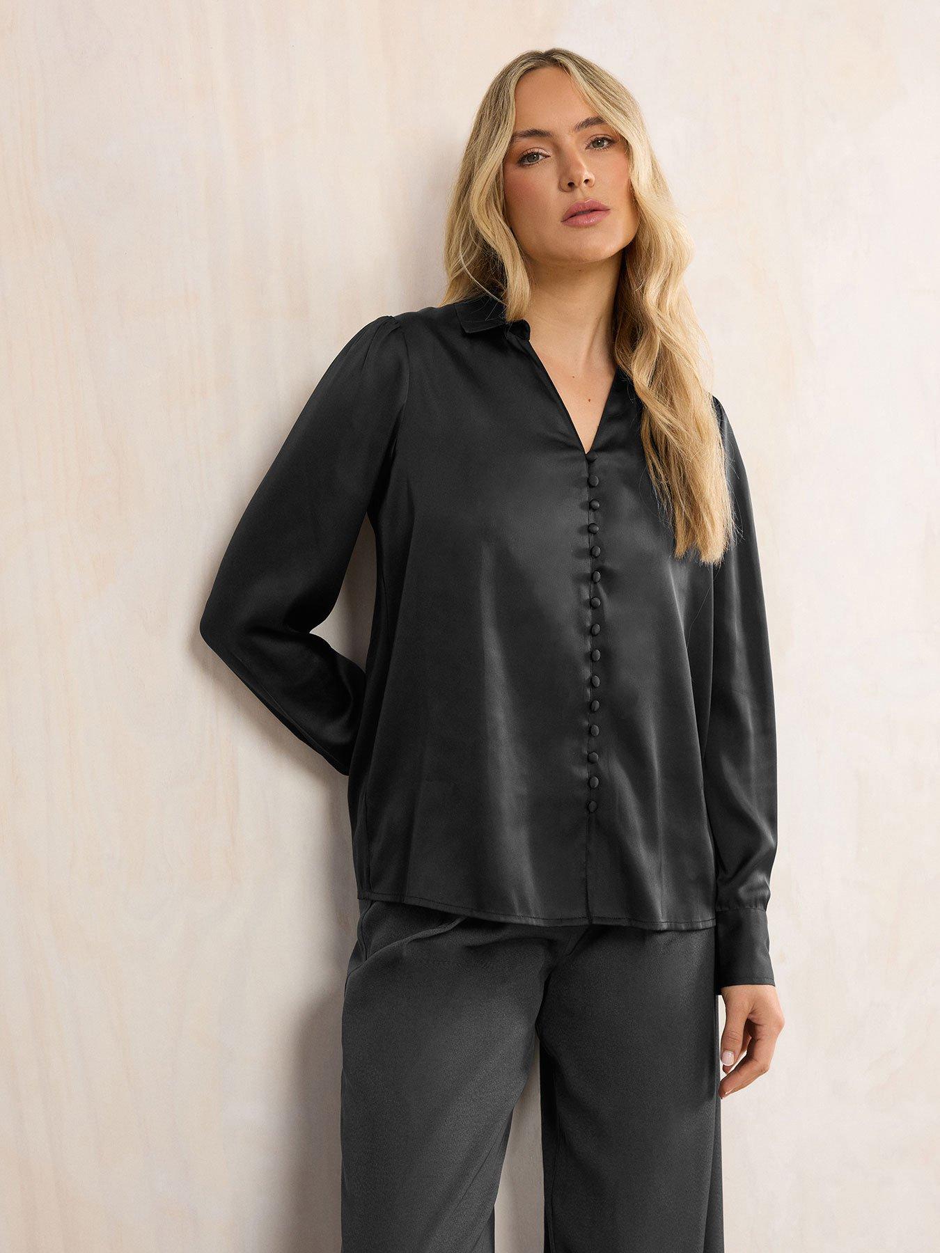 Long Tall Sally Satin Button Through Blouse - Black
