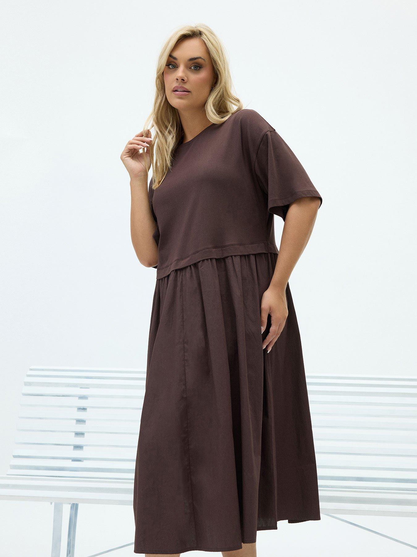Image 1 of 4 of Yours Curve 2-In-1 Poplin Midi Dress - Chocolate Brown