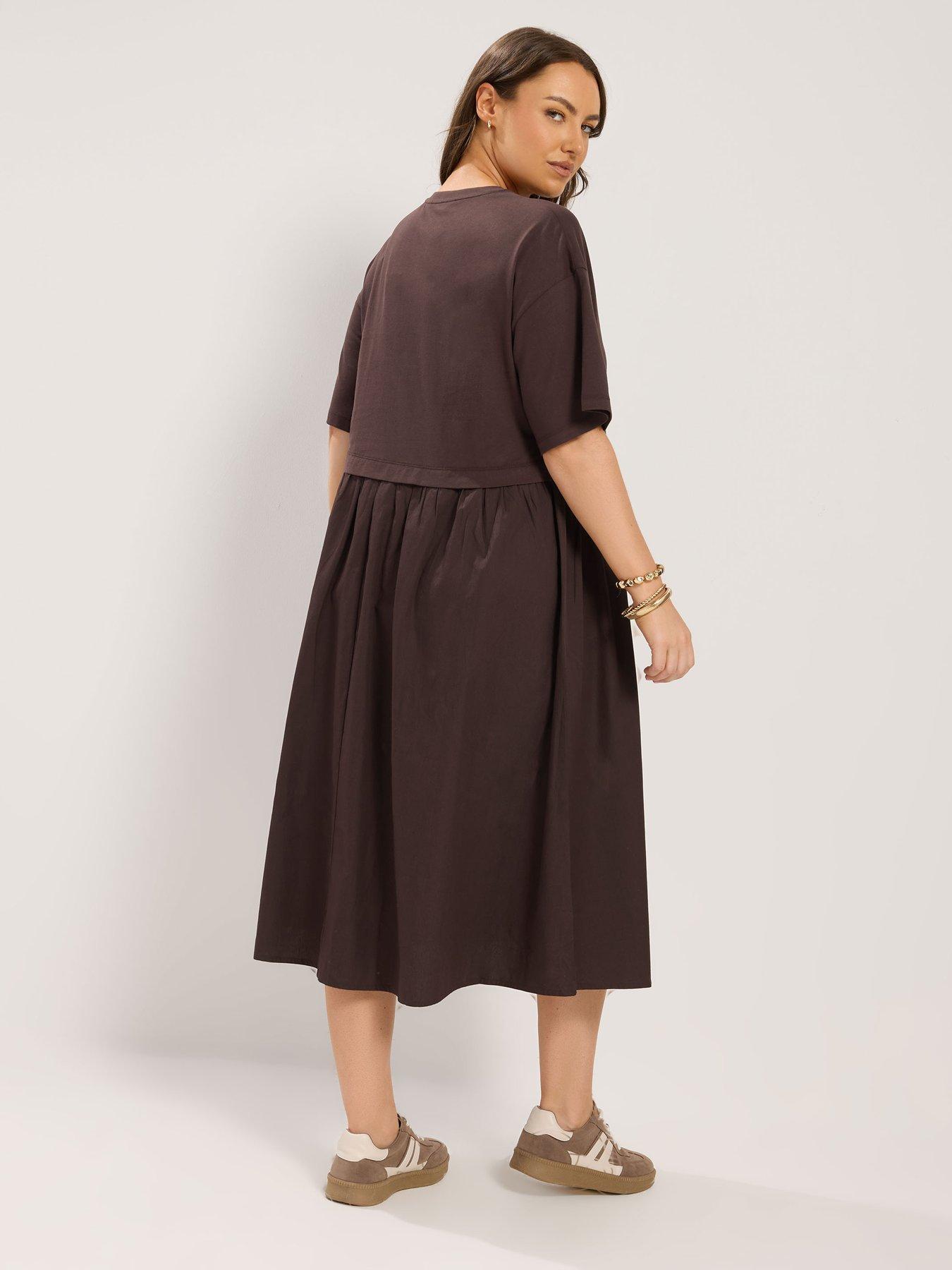 Image 2 of 4 of Yours Curve 2-In-1 Poplin Midi Dress - Chocolate Brown