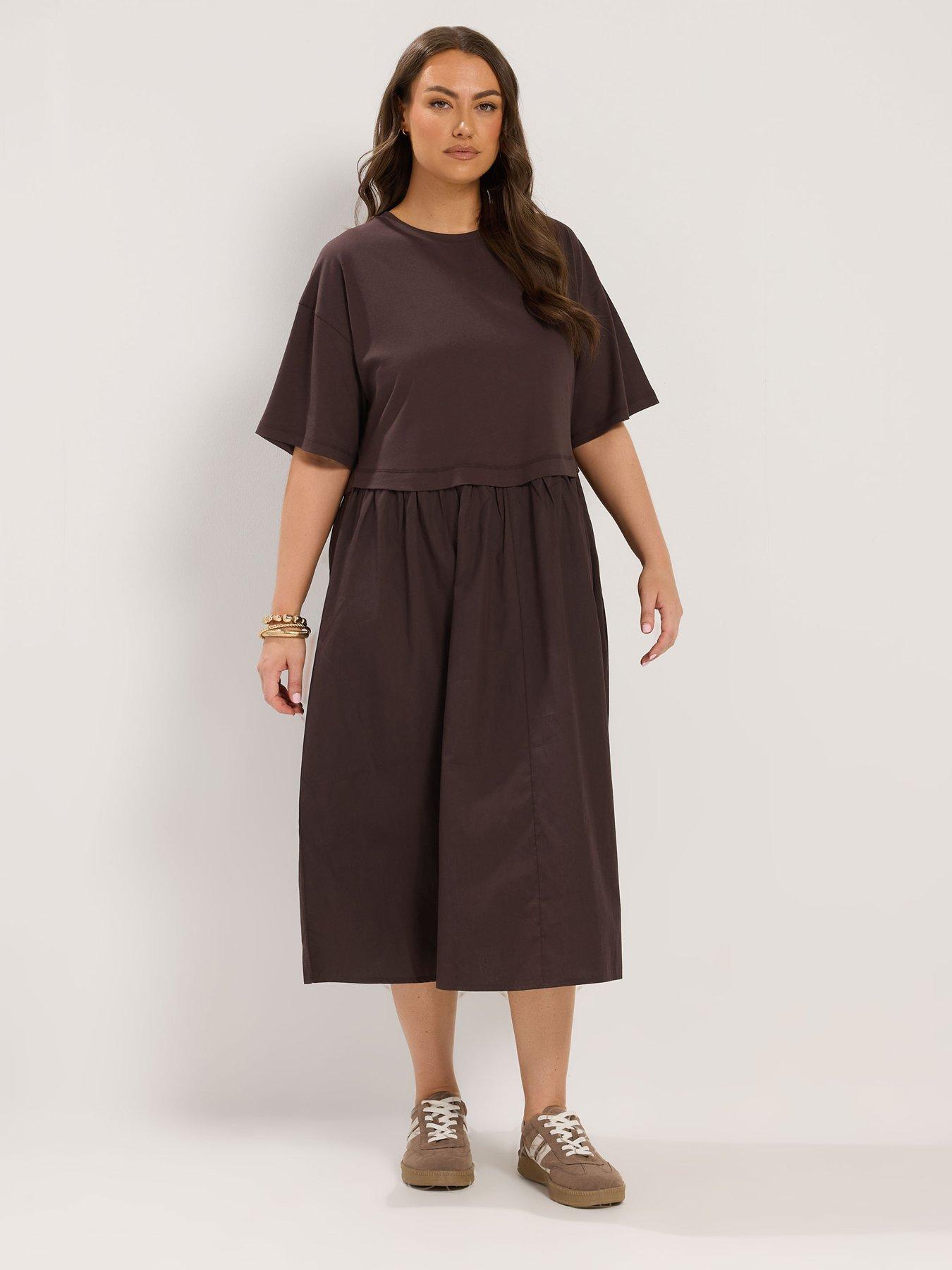 Image 3 of 4 of Yours Curve 2-In-1 Poplin Midi Dress - Chocolate Brown