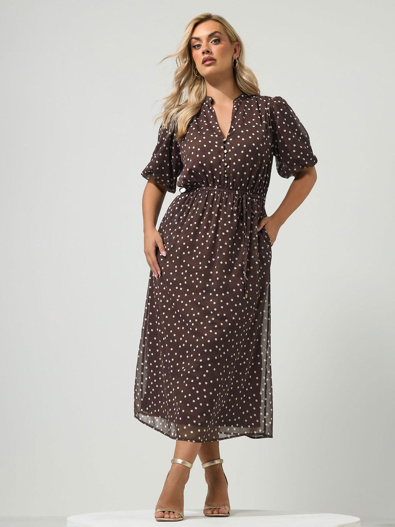 Yours Curve Polka Dot Puff Sleeve Dress - Brown