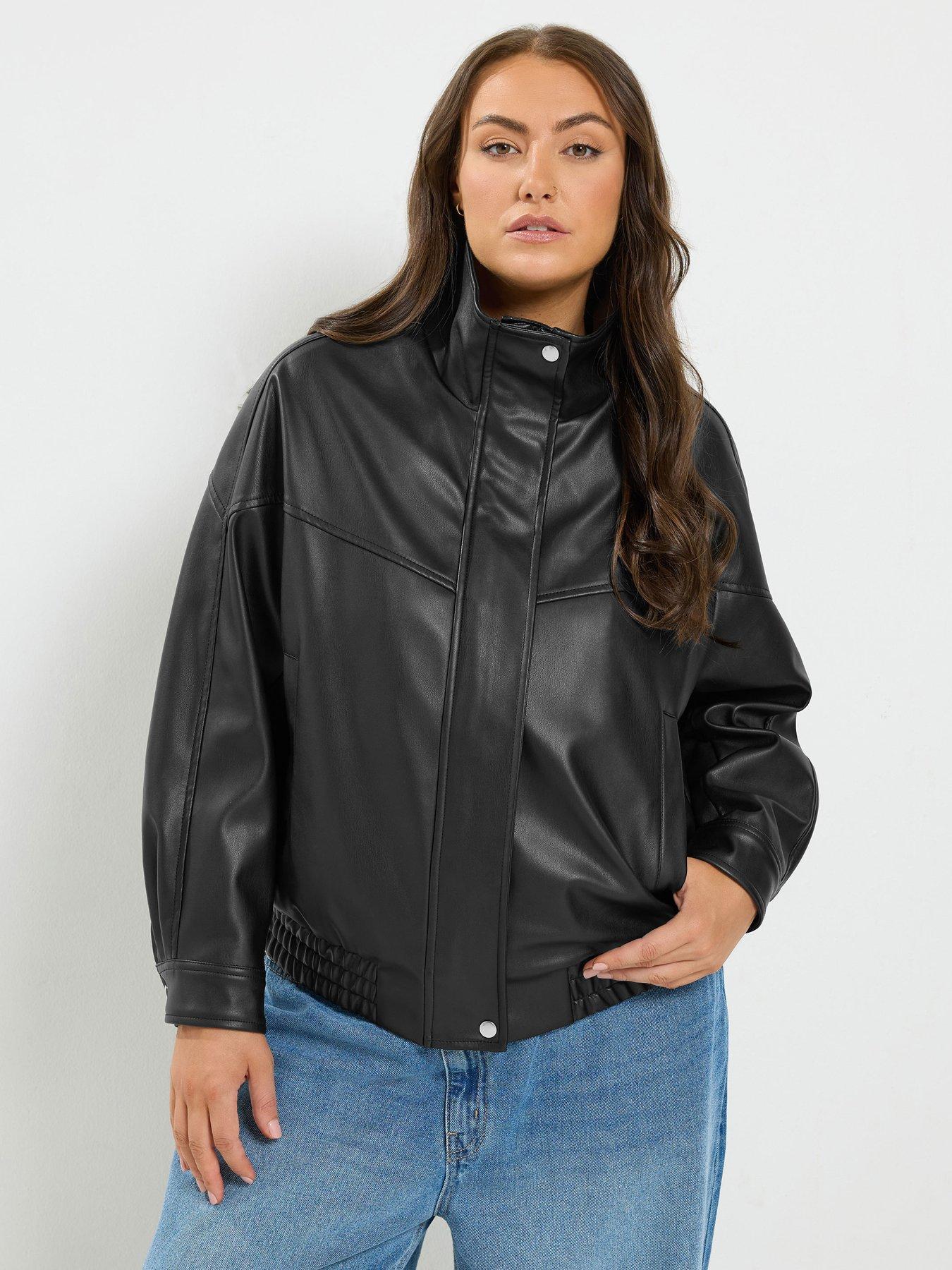 Yours Curve Leather Funnel Neck Jacket - Black