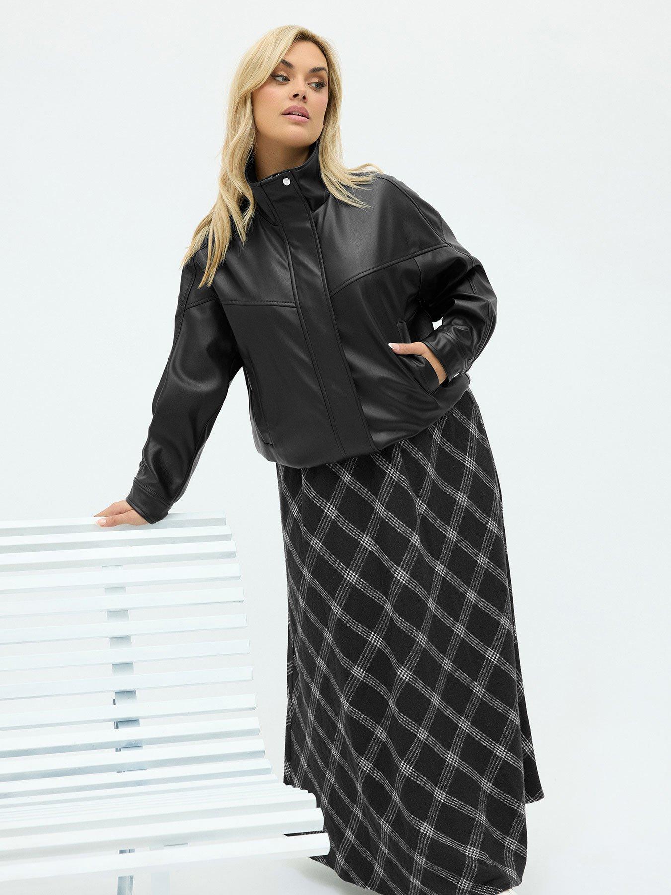 Yours Curve Leather Funnel Neck Jacket - Black