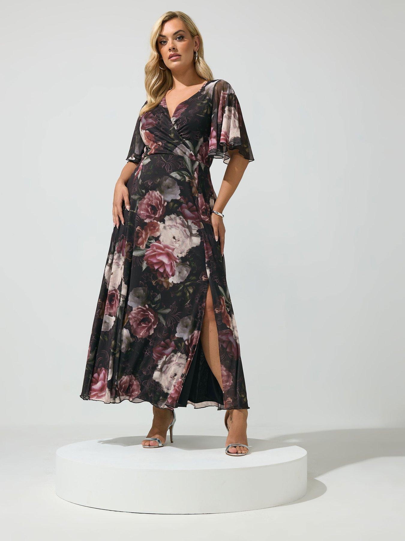 Yours Curve Lace Mesh Angel Sleeve Dress - Black