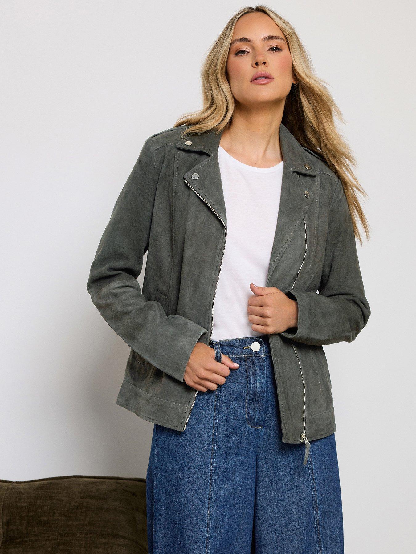 Long Tall Sally LTS PREMIUM Tall Suede Biker Jacket - Grey