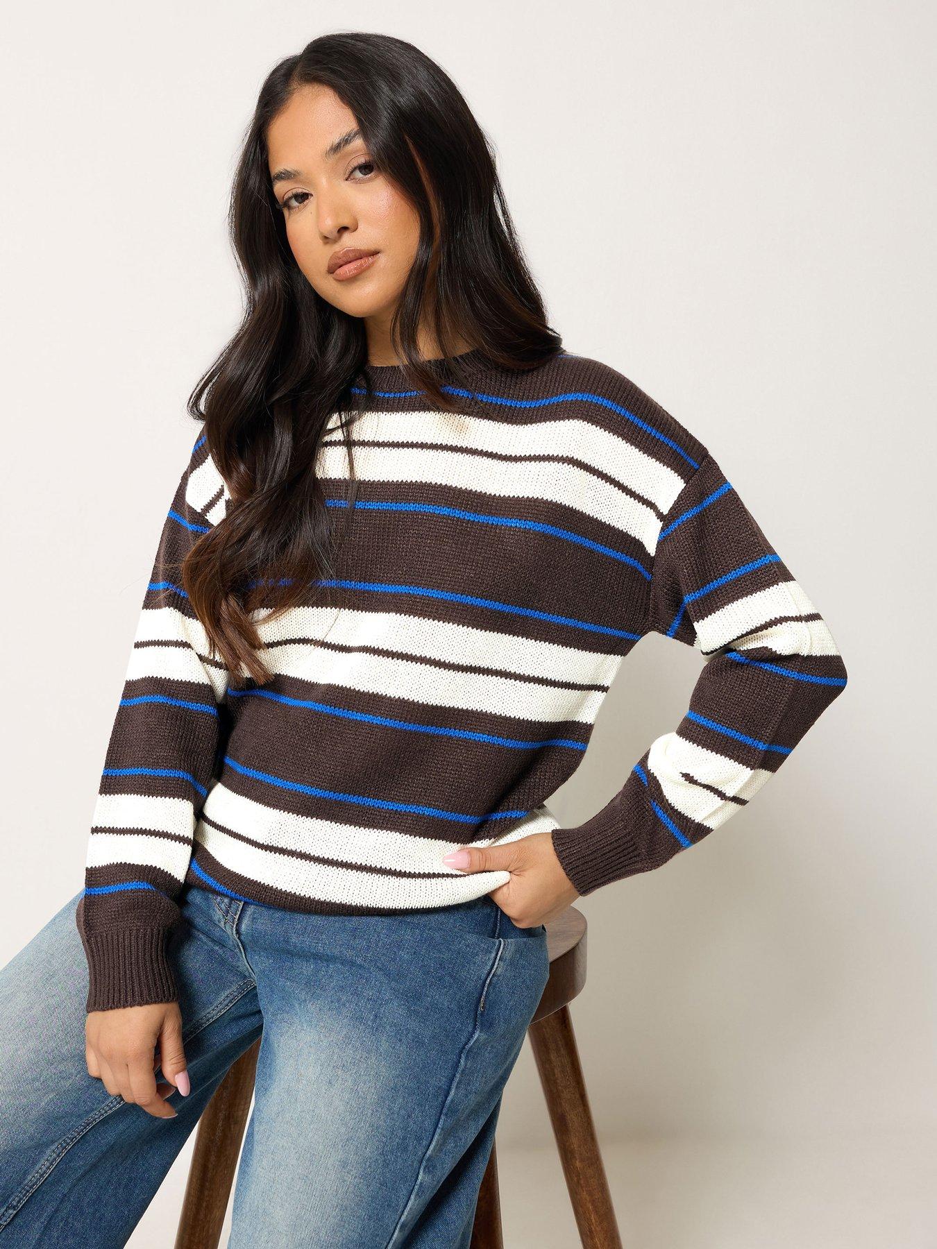 Image 1 of 4 of PixieGirl Petite Stripe Crew Neck Jumper - Brown
