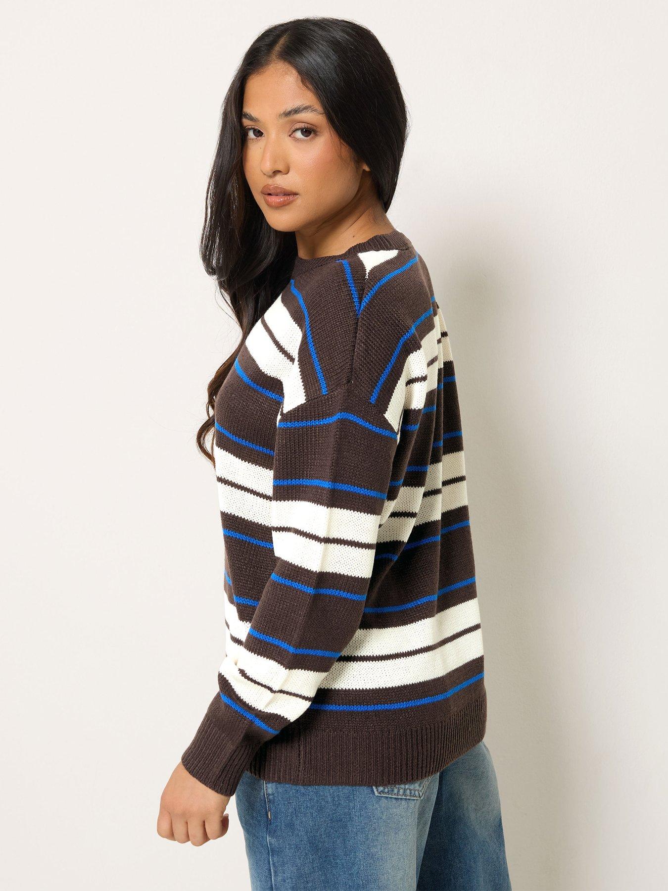 Image 2 of 4 of PixieGirl Petite Stripe Crew Neck Jumper - Brown