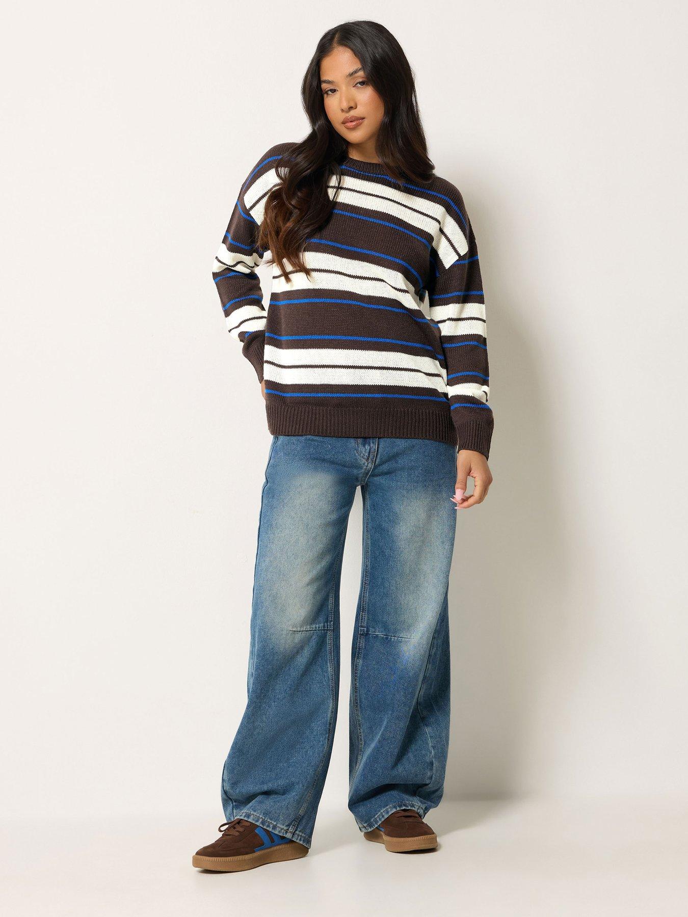 Image 3 of 4 of PixieGirl Petite Stripe Crew Neck Jumper - Brown
