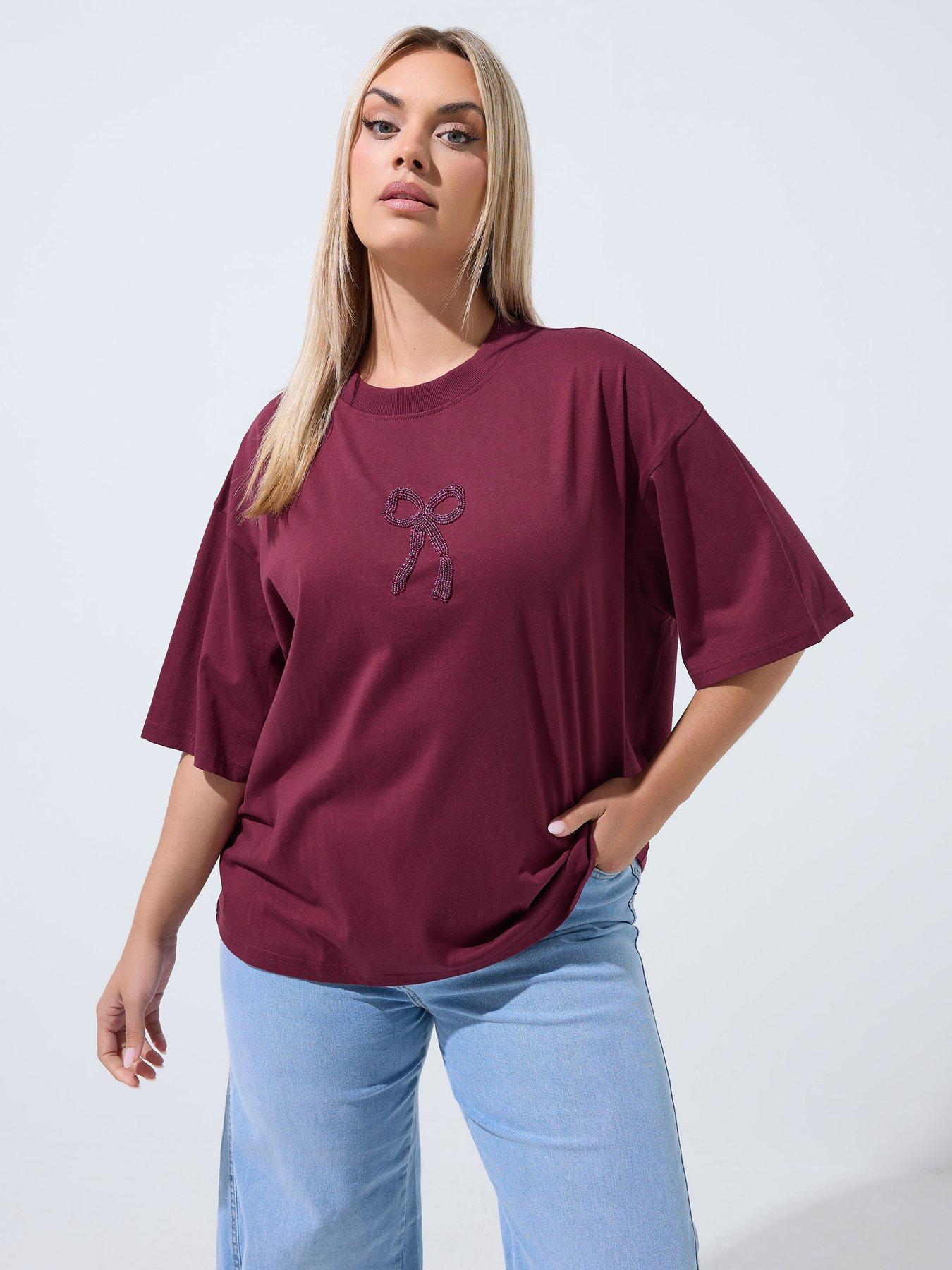 Image 1 of 4 of Yours Curve Bow Beaded Top - Red