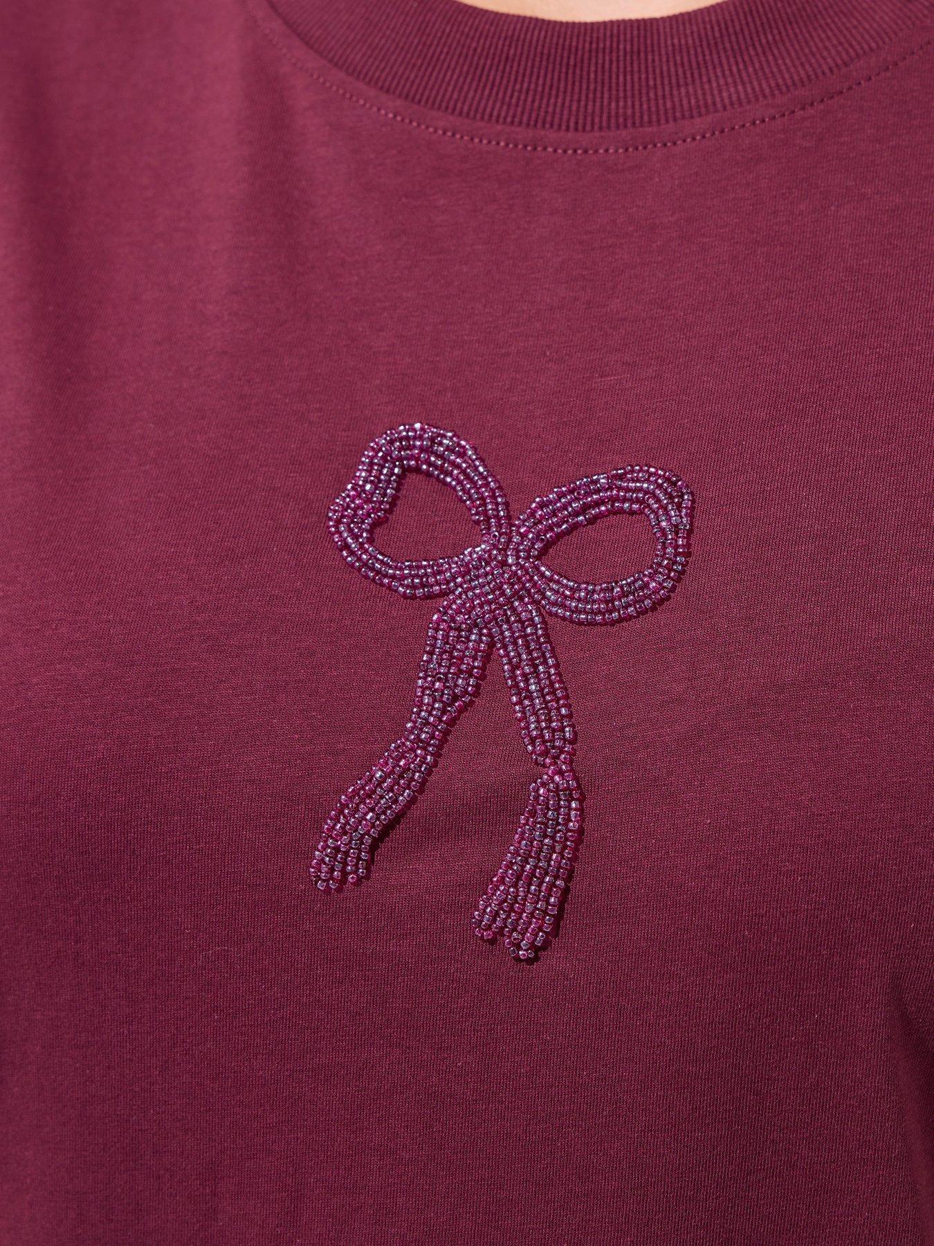 Image 4 of 4 of Yours Curve Bow Beaded Top - Red