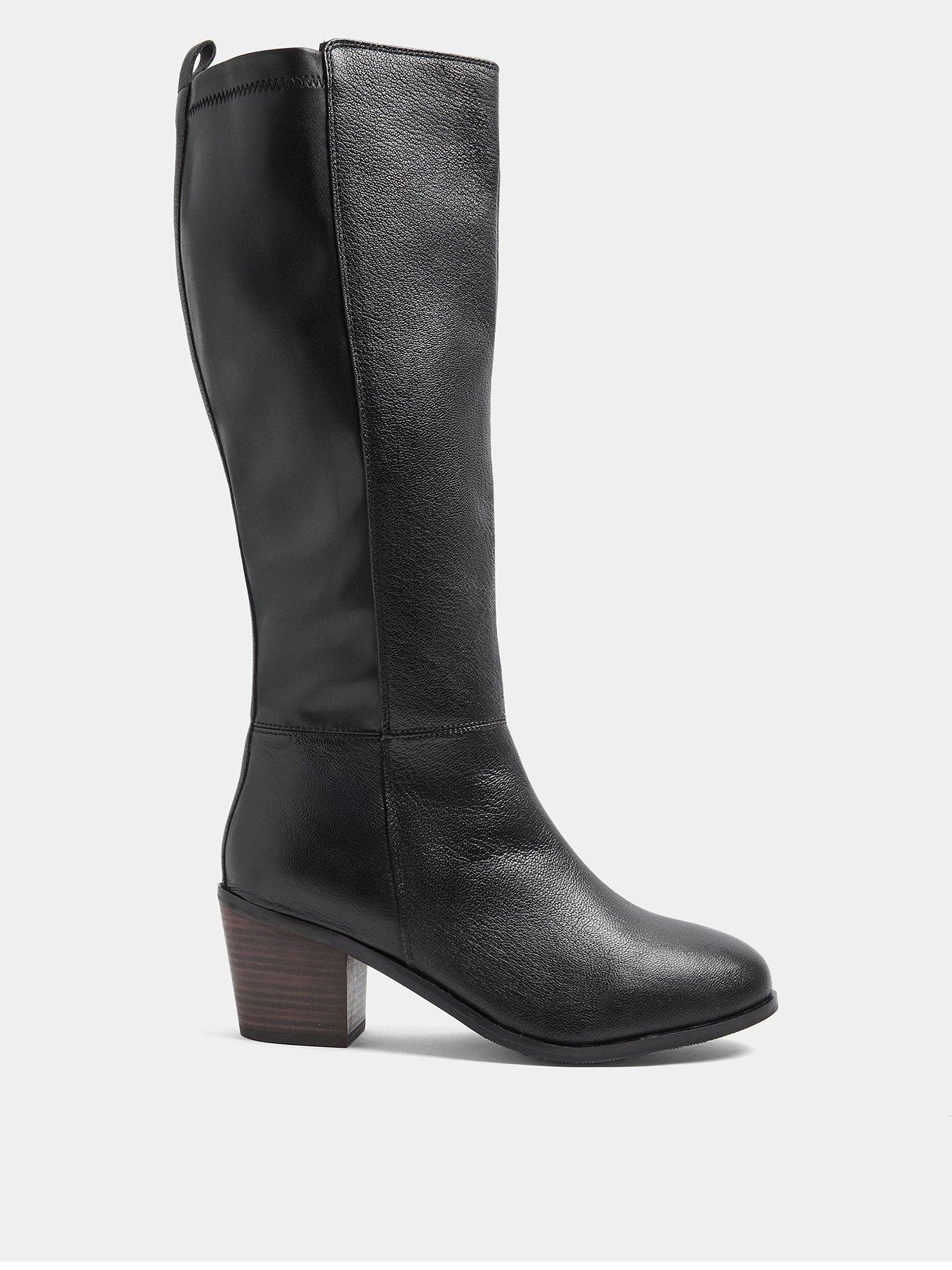 Image 1 of 4 of Yours Wide Fit Leather Buckle Knee High Boots - Black