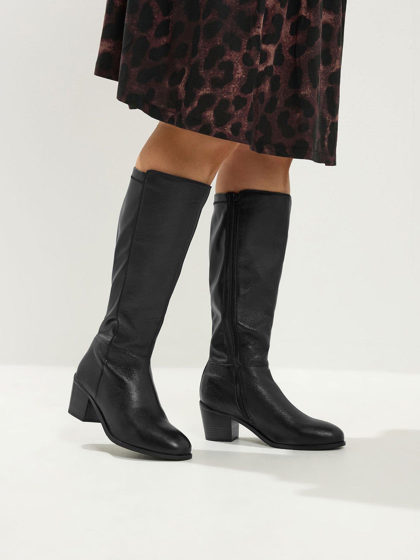 Image 4 of 4 of Yours Wide Fit Leather Buckle Knee High Boots - Black