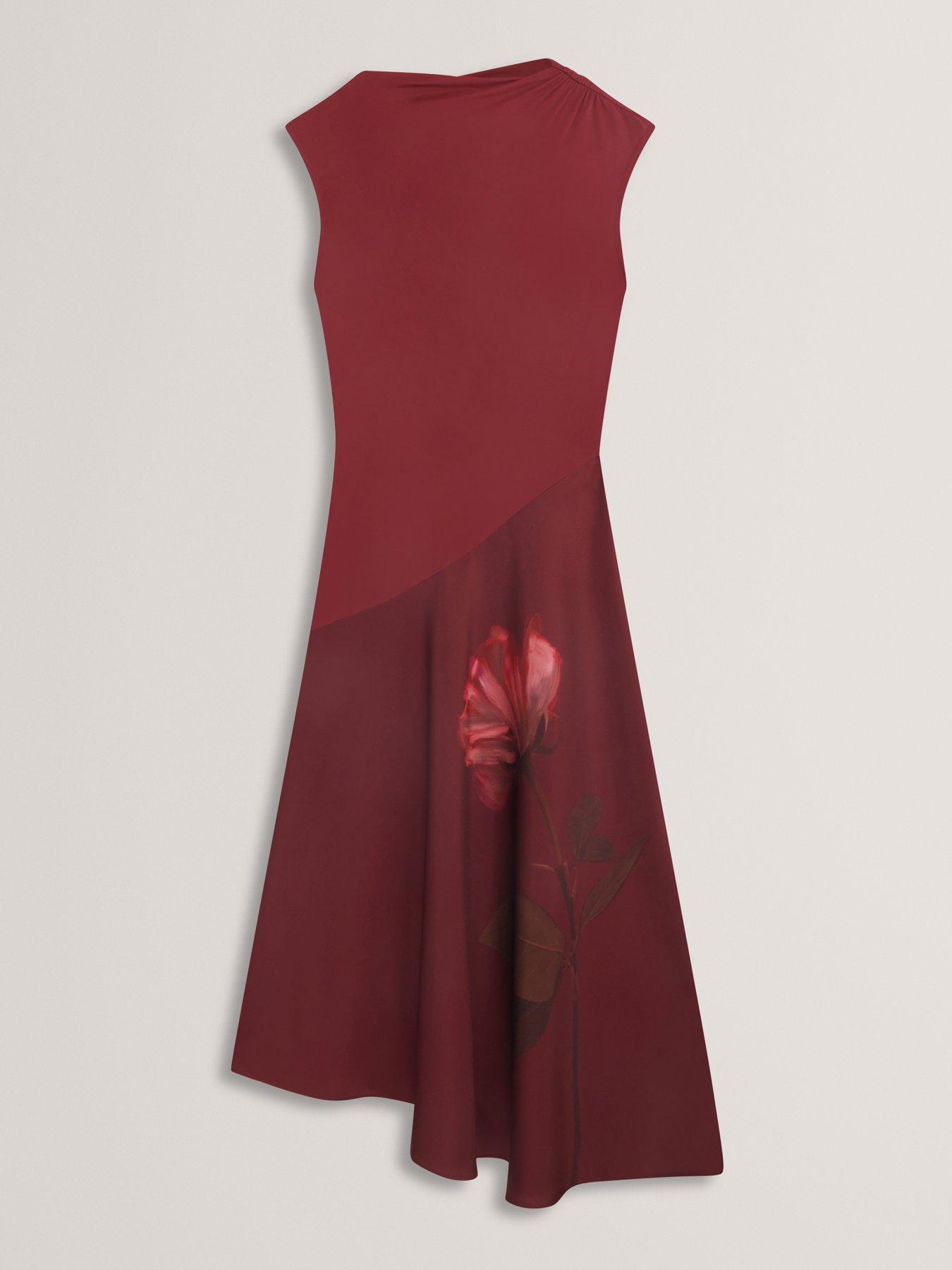 ted baker dress burgundy Printed Midi with Satin Skirt - Dark Red Color:Metallic Gray ssWoodTone:Light Wood Women's Petite - The Jewel neck