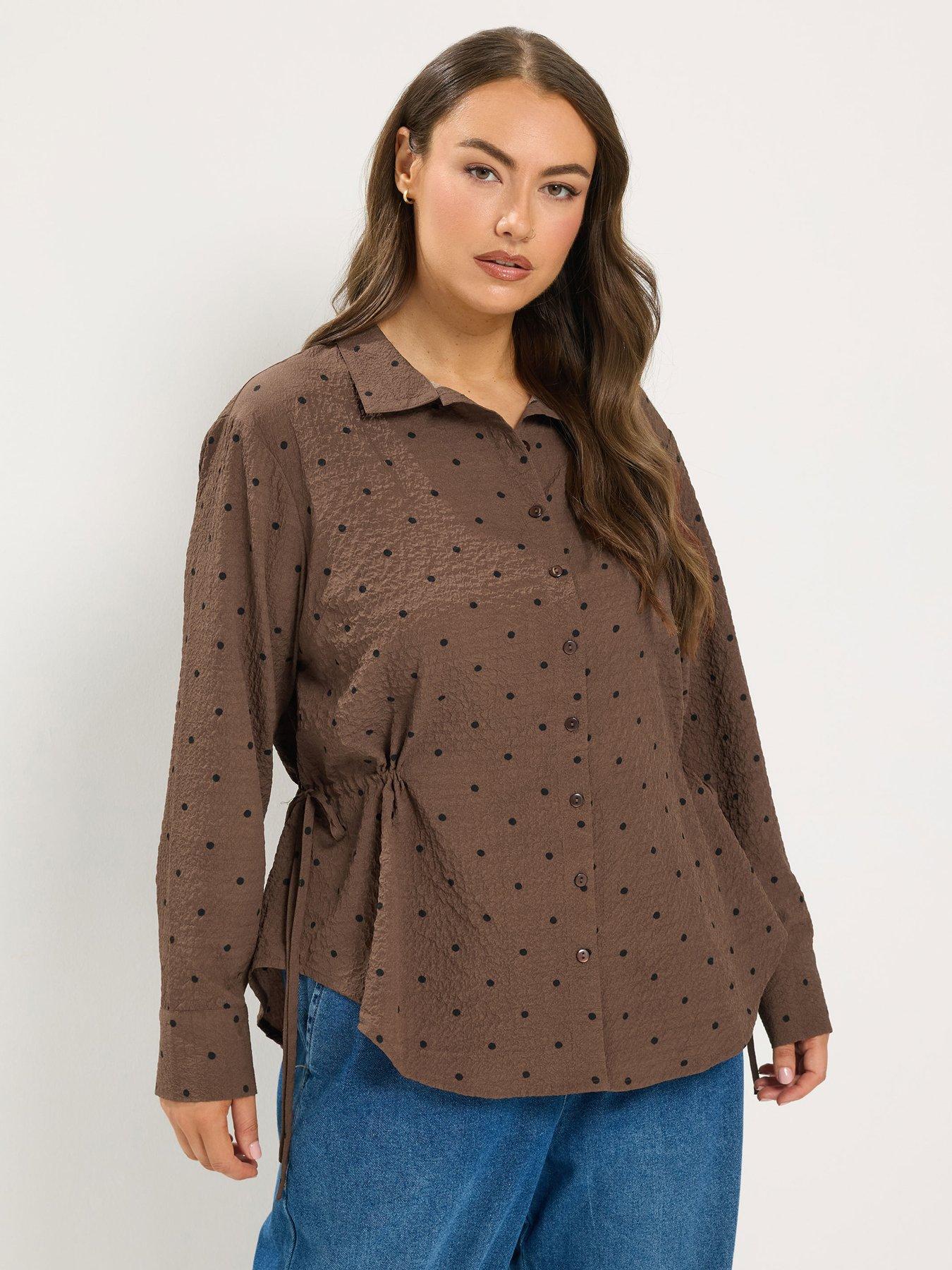 Image 1 of 4 of Yours Curve Polka Textured Side Ruched Shirt - Brown