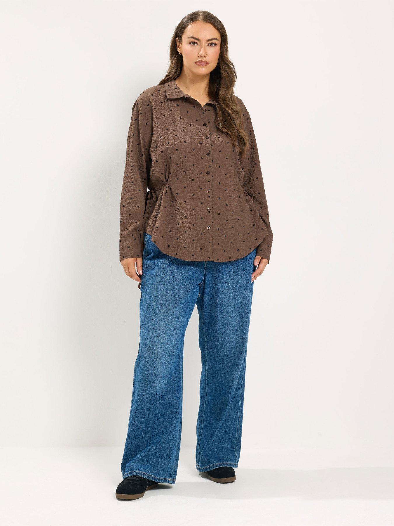 Image 3 of 4 of Yours Curve Polka Textured Side Ruched Shirt - Brown