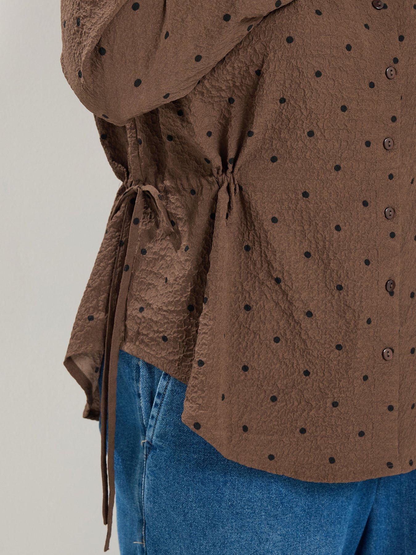 Image 4 of 4 of Yours Curve Polka Textured Side Ruched Shirt - Brown