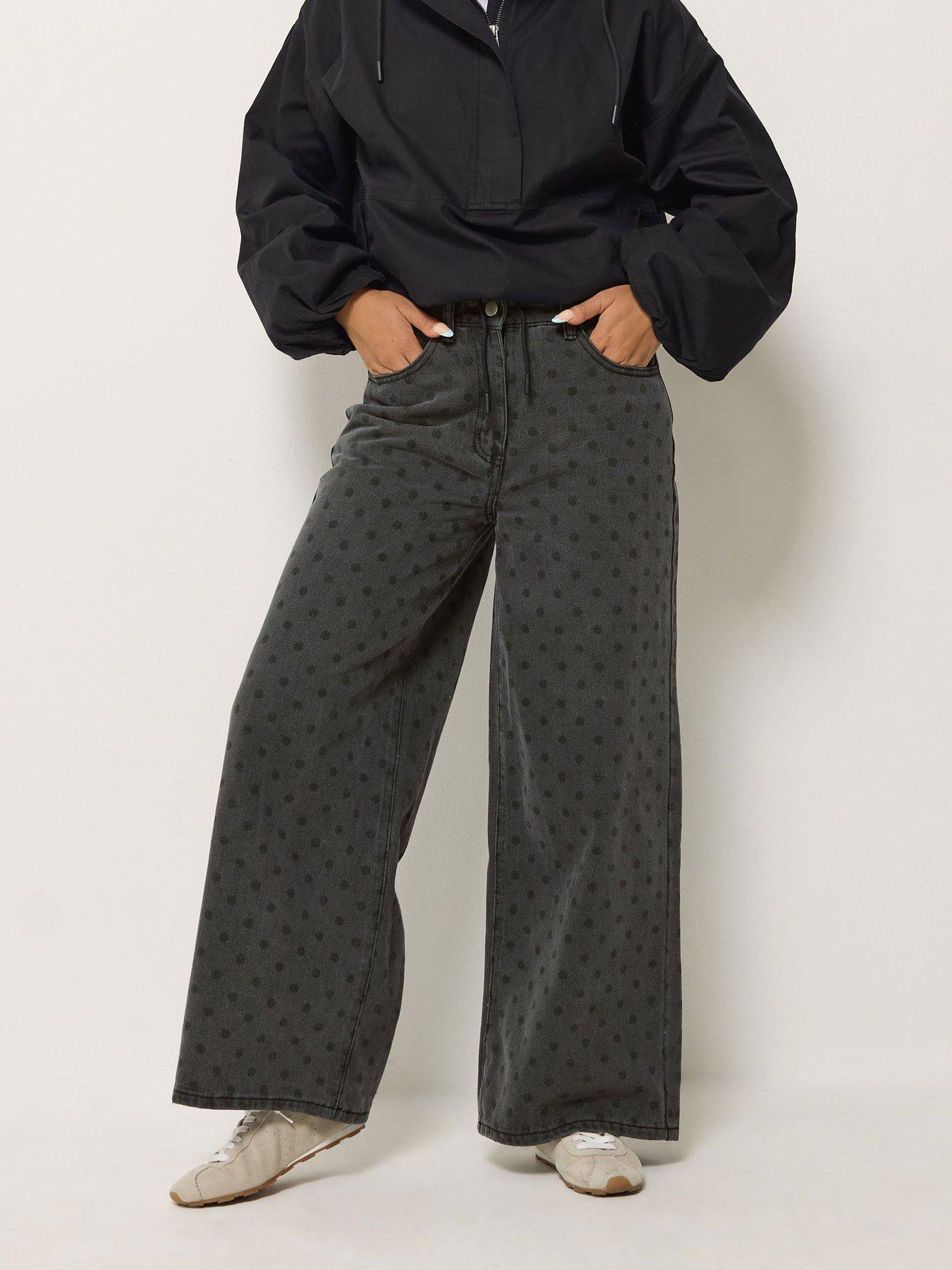 Image 1 of 4 of PixieGirl Womens Petite Polka Dot Wide Leg Jeans - Grey