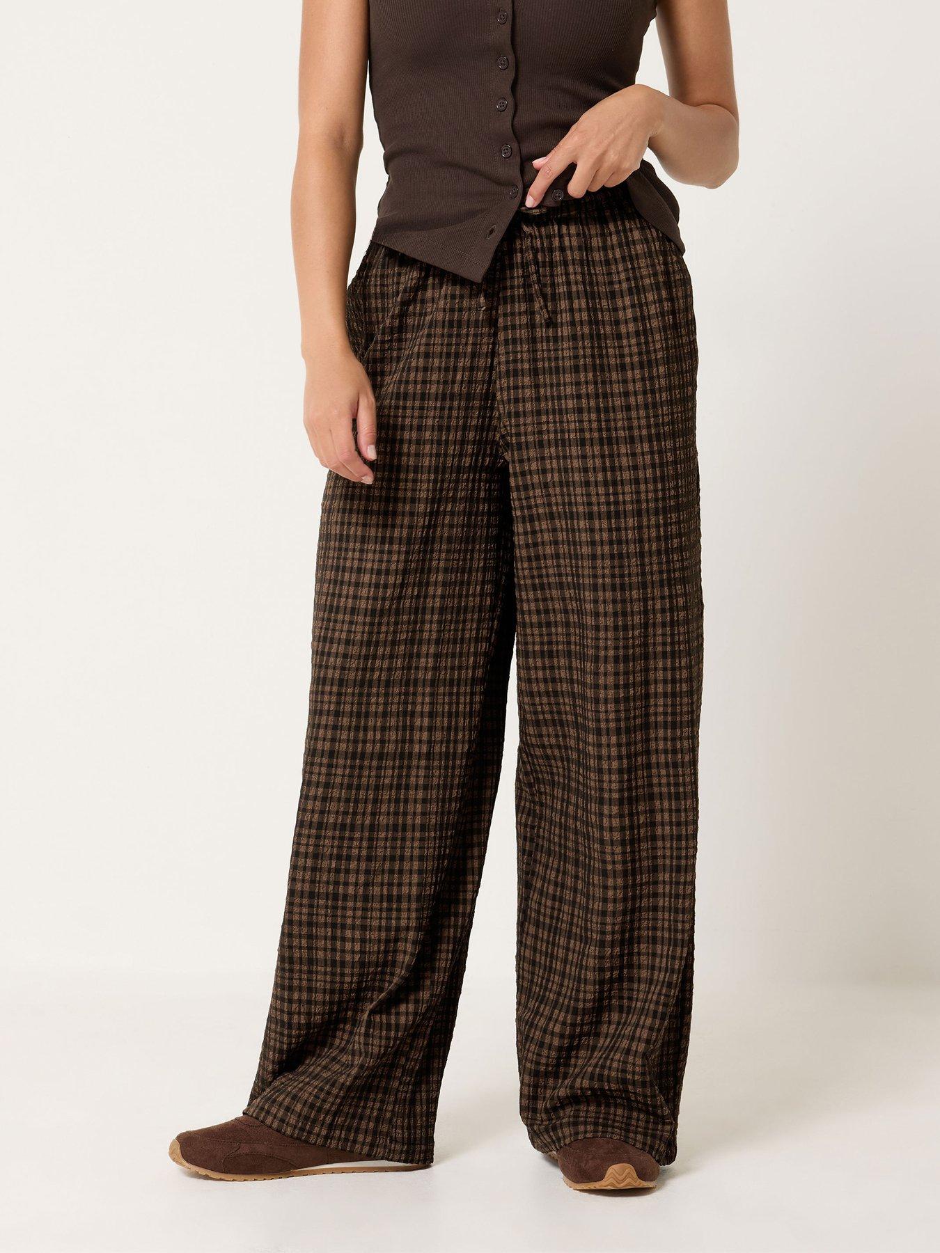 Image 1 of 4 of PixieGirl Petite Check Crinkle Wide Leg Trouser