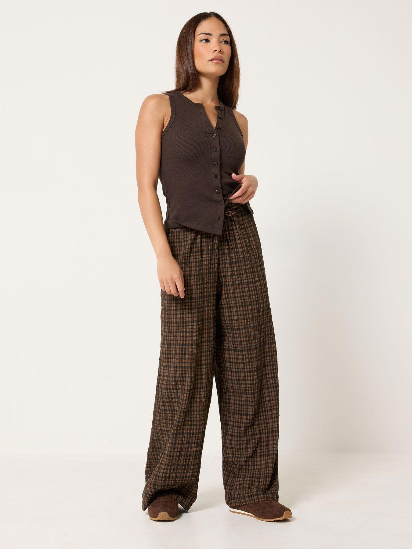 Image 3 of 4 of PixieGirl Petite Check Crinkle Wide Leg Trouser