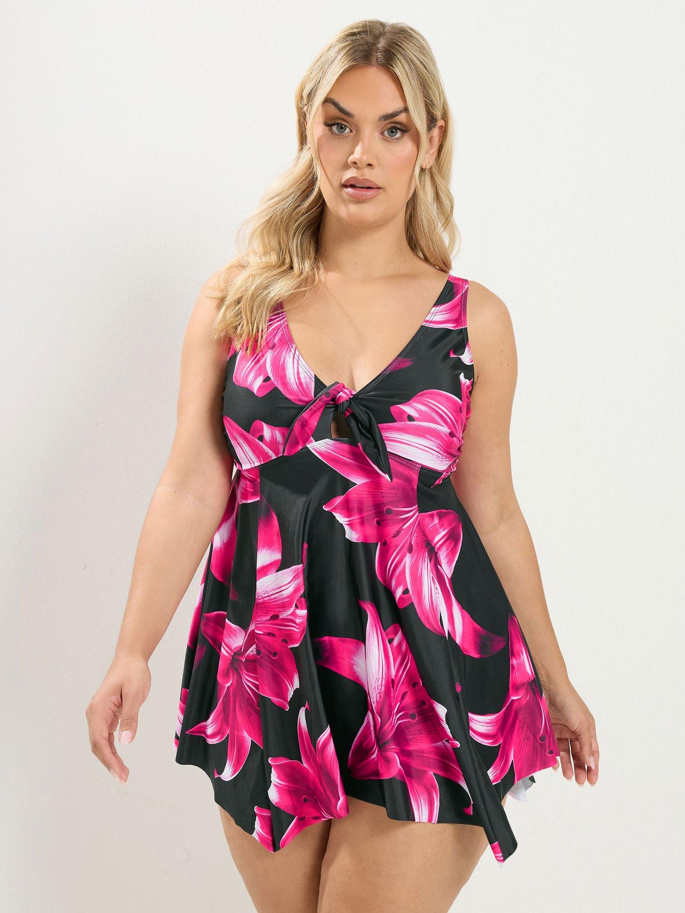 Yours Curve Floral Knot Front Tankini Top - Black