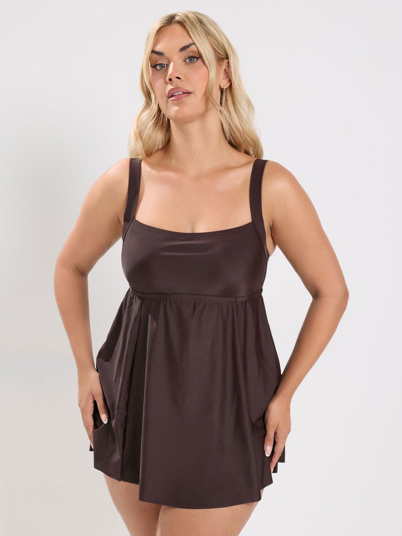 Yours Curve Square Neckline Swim Dress - Chocolate Brown