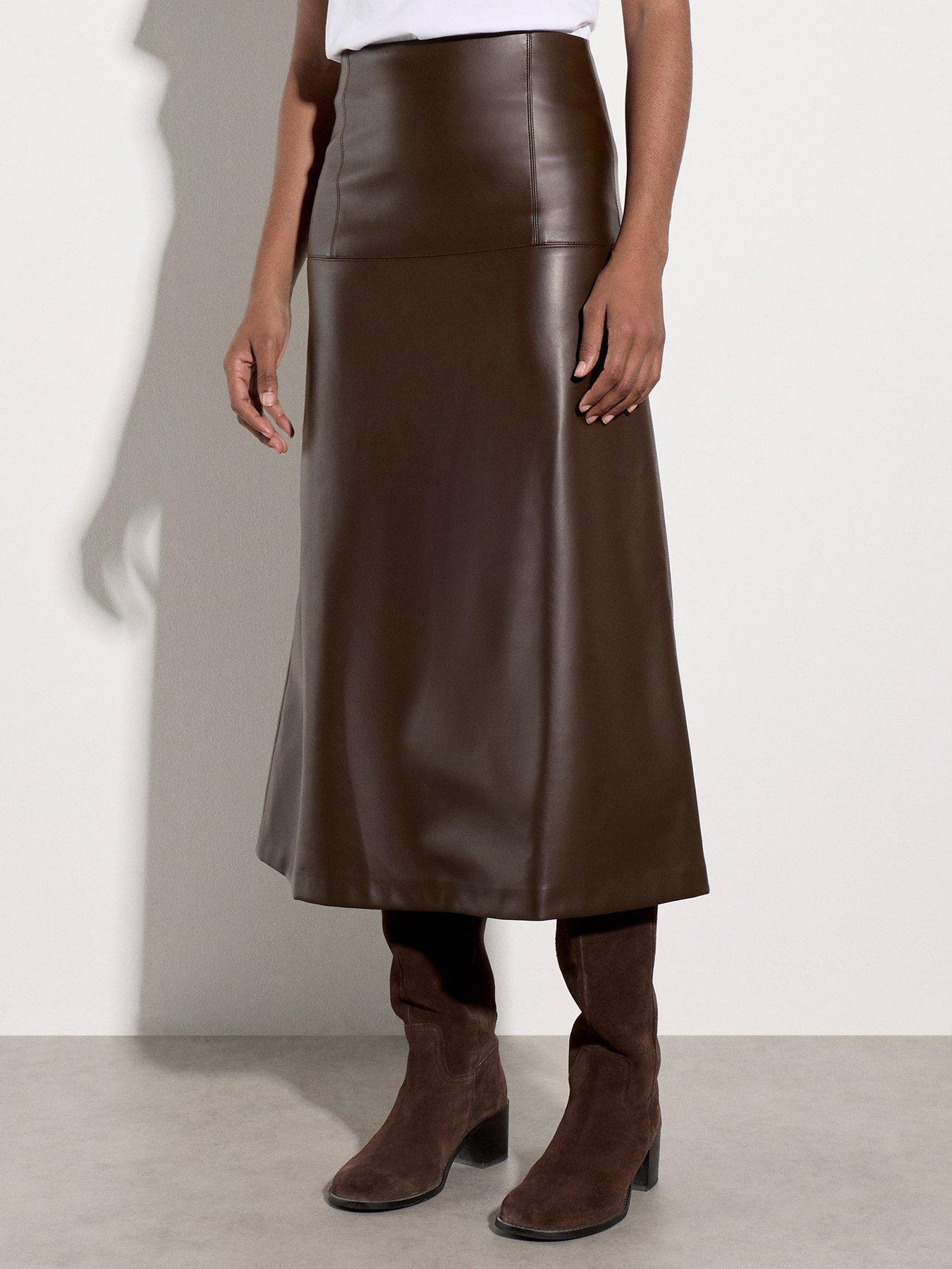 Image 1 of 5 of Apricot Womens Pleated High-Rise Faux Leather Midaxi Skirt - Brown