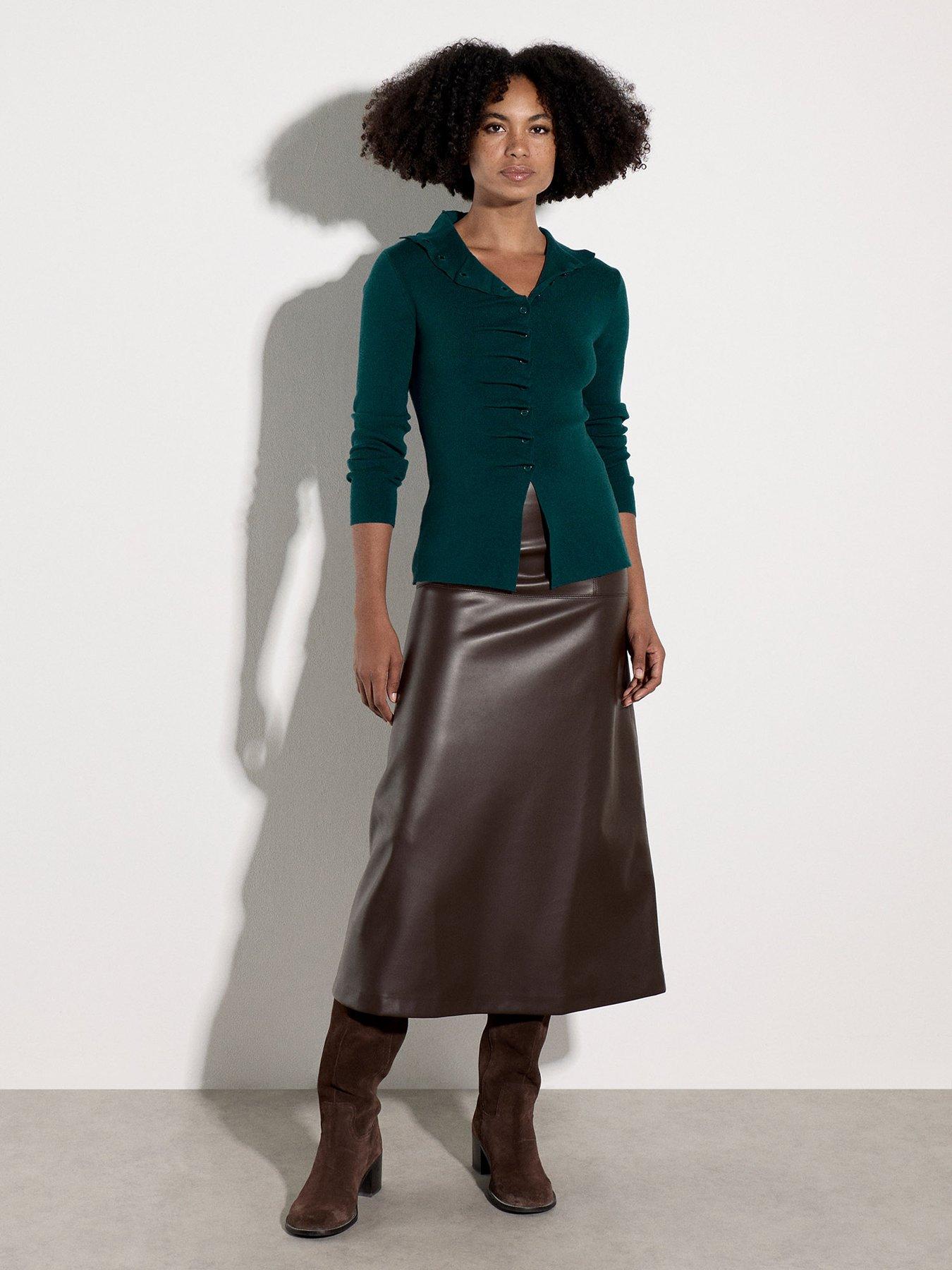 Image 3 of 5 of Apricot Womens Pleated High-Rise Faux Leather Midaxi Skirt - Brown