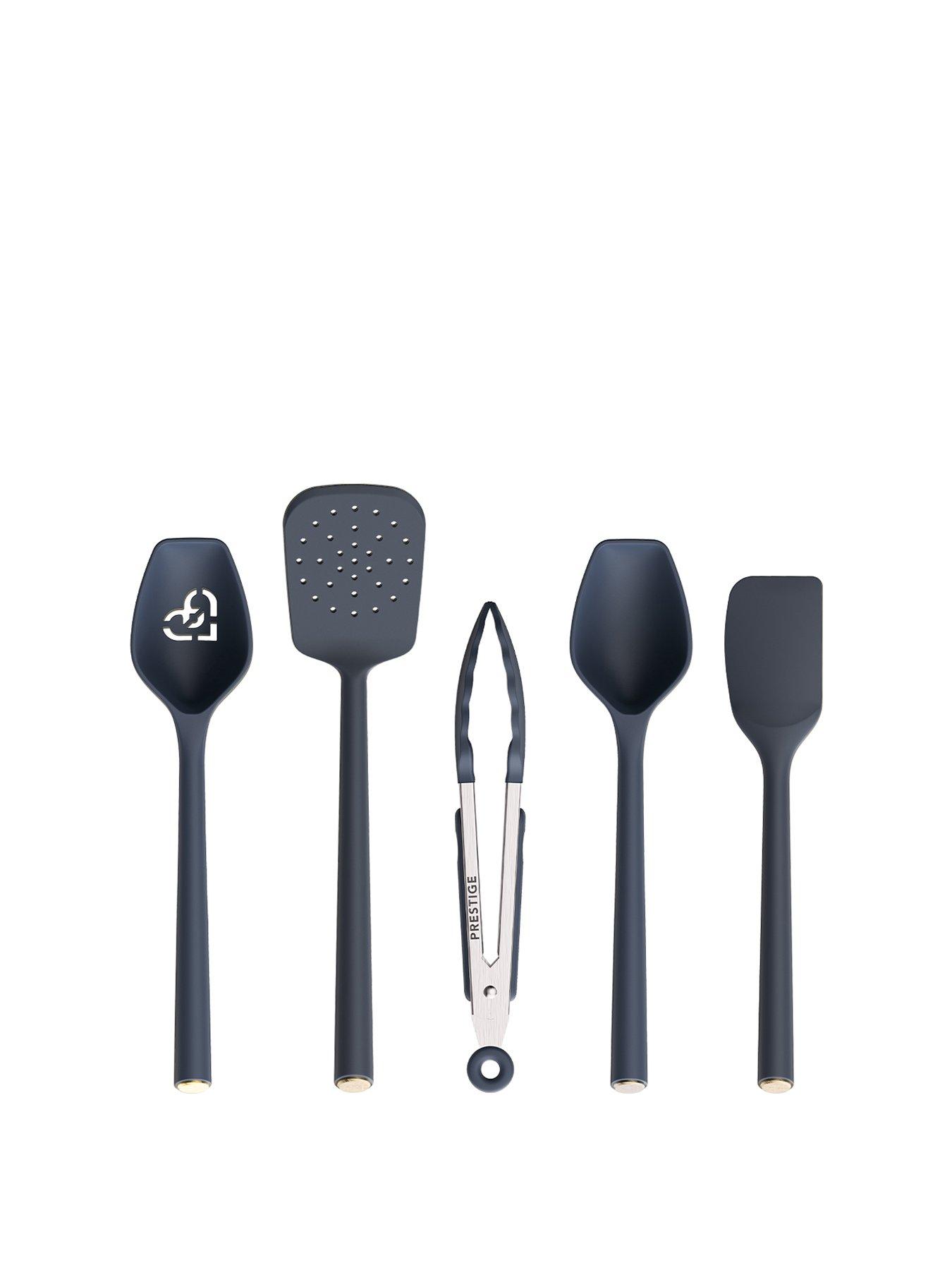 Image 1 of 5 of Prestige Silicone - 5 Piece Utensil Set: Solid Spoon , Slotted Spoon , Slotted Turner , Spatula ,tongs: French Navy