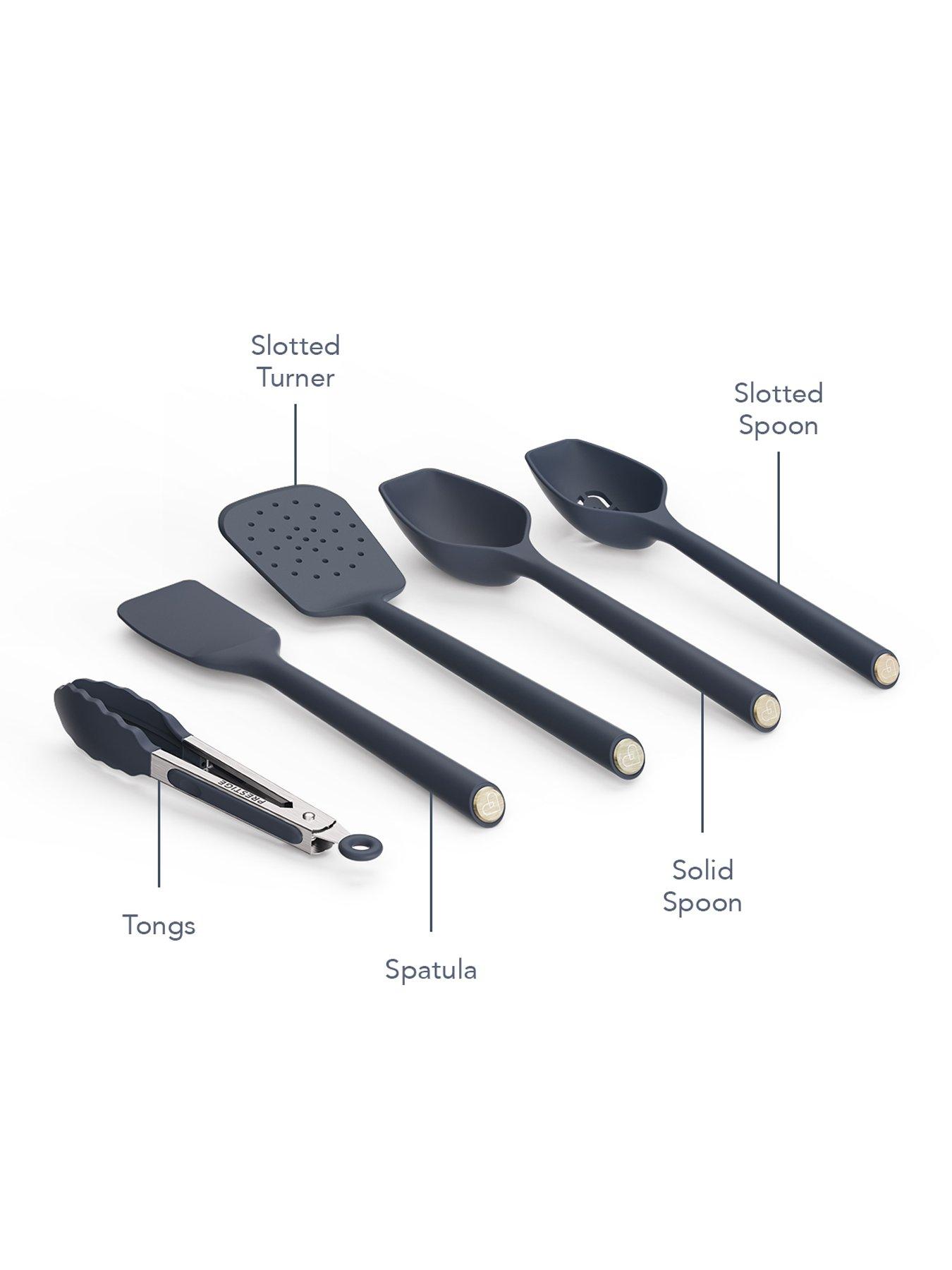 Image 2 of 5 of Prestige Silicone - 5 Piece Utensil Set: Solid Spoon , Slotted Spoon , Slotted Turner , Spatula ,tongs: French Navy