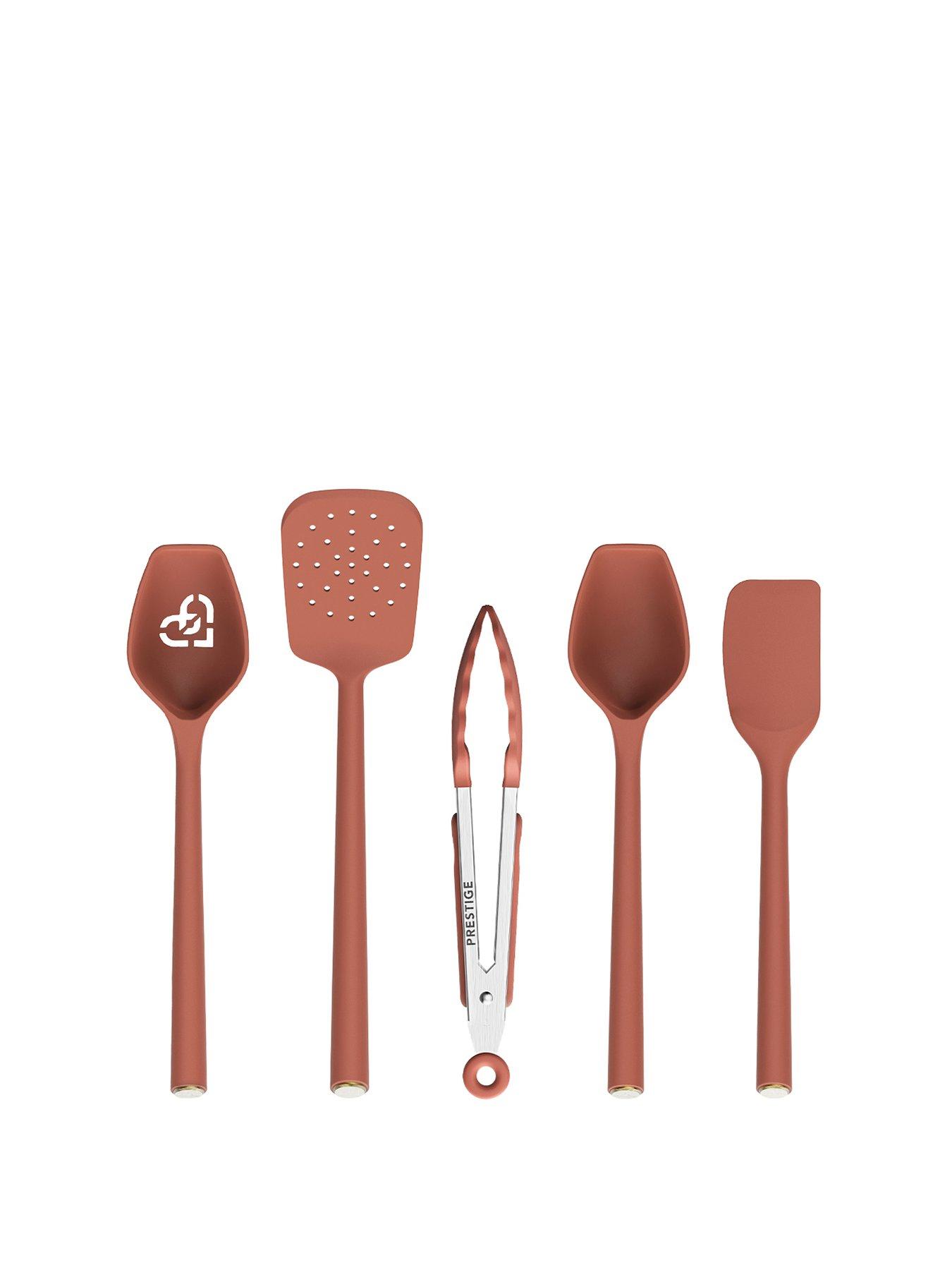 Image 1 of 5 of Prestige Silicone - 5 Piece Utensil Set: Solid Spoon , Slotted Spoon , Slotted Turner , Spatula ,tongs: Earth Rose