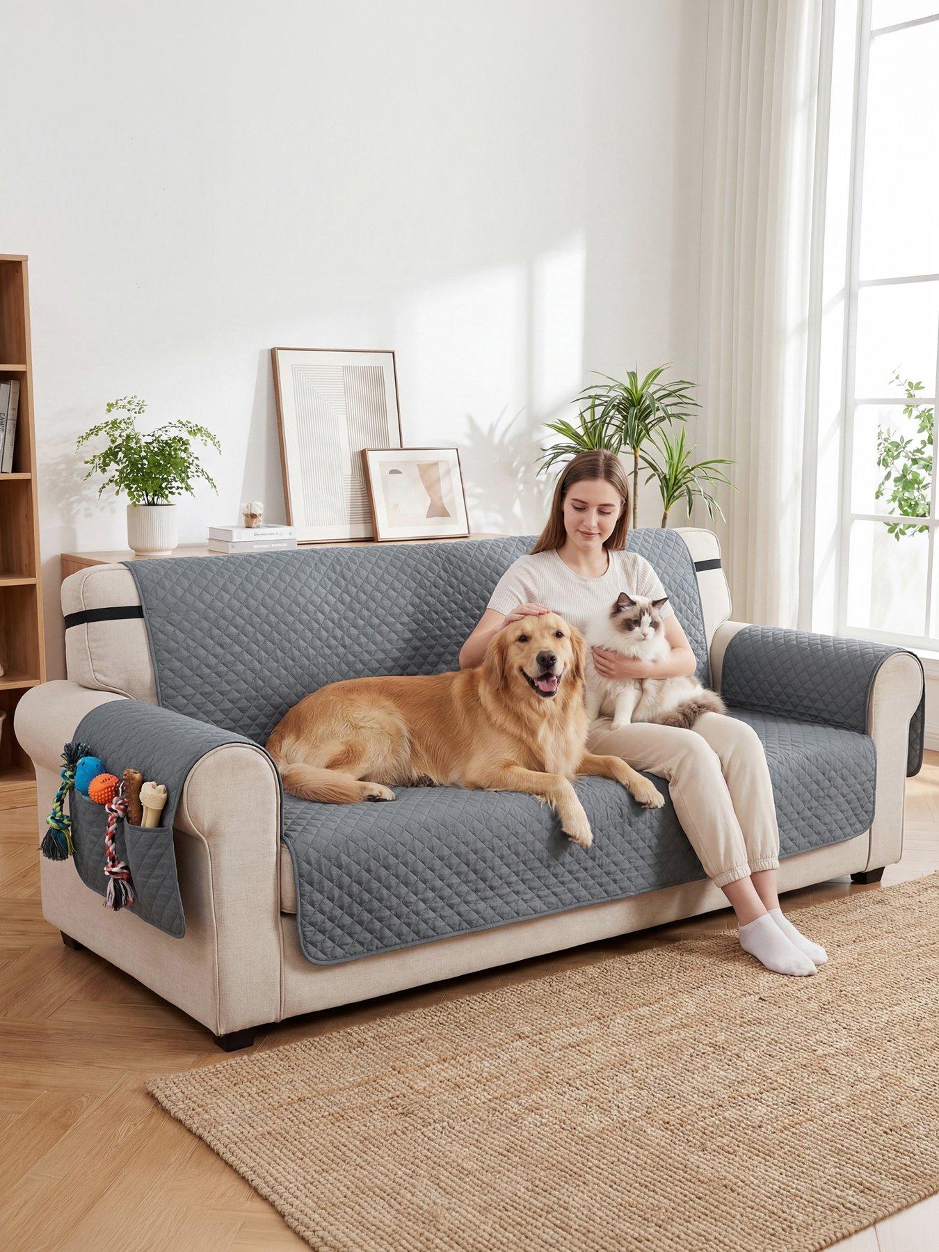 PawHut Waterproof Sofa Cover 3 Seater, Soft Couch Cover for Dogs Cats Pets, Non Slip Sofa Slipcoevr with Elastic Straps Furniture Protector for Living Room, 306L x 177W, Grey