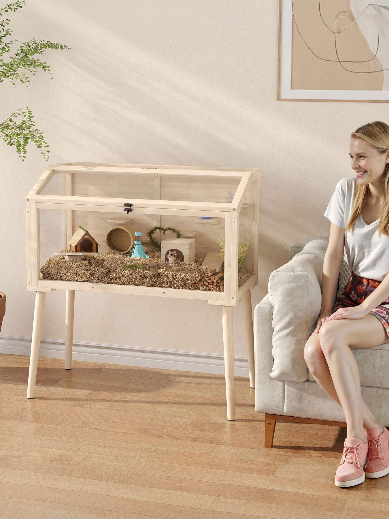Image 1 of 7 of PawHut Wooden Hamster Cage, Gerbil Cage with Openable Top, Seesaws, Platforms, Water Bottle, Small Animal Habitat for Syrian, Dwarf, Mouse, Rats, Rodent, 110 x 52 x 101 cm