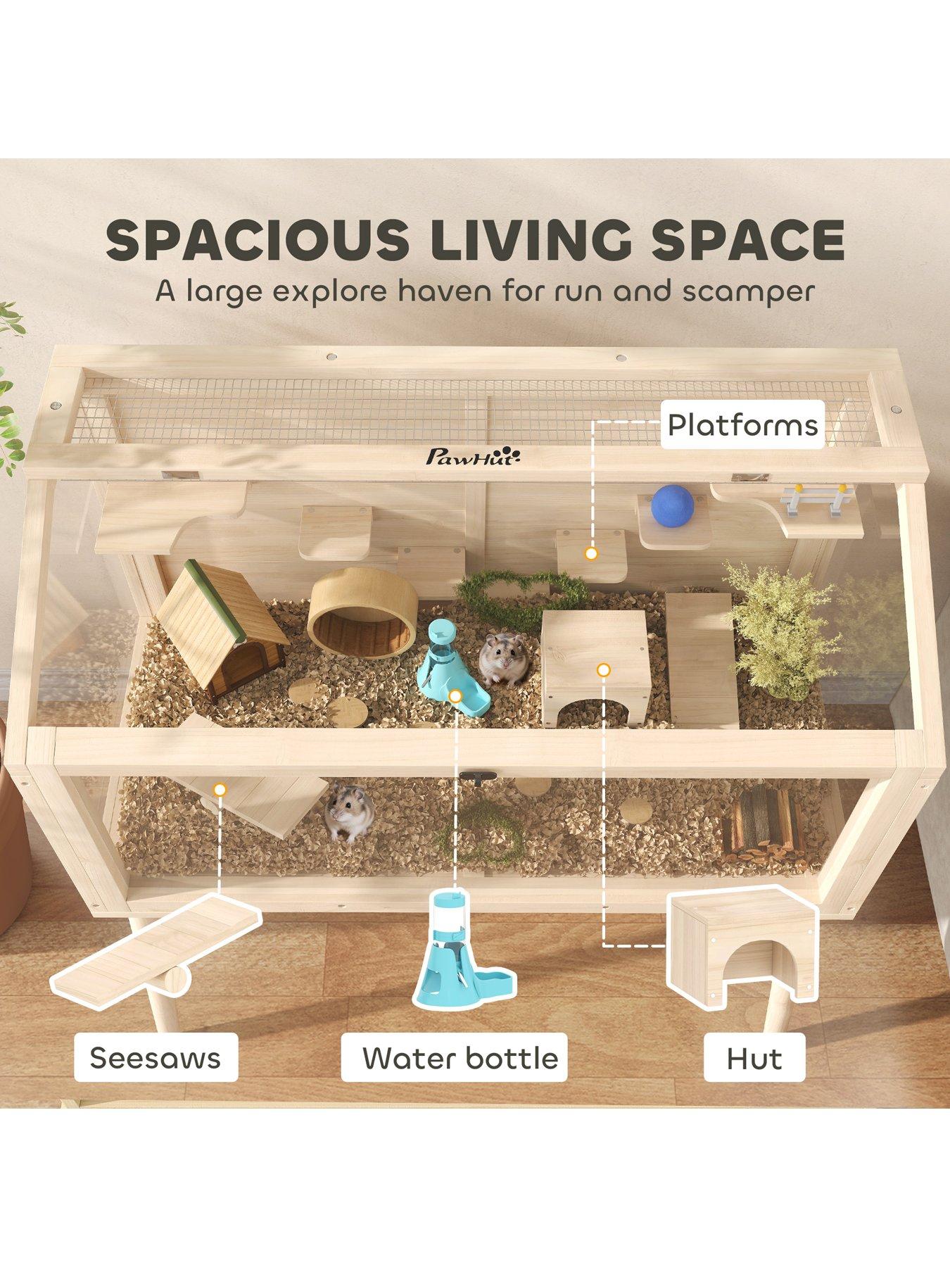Image 3 of 7 of PawHut Wooden Hamster Cage, Gerbil Cage with Openable Top, Seesaws, Platforms, Water Bottle, Small Animal Habitat for Syrian, Dwarf, Mouse, Rats, Rodent, 110 x 52 x 101 cm
