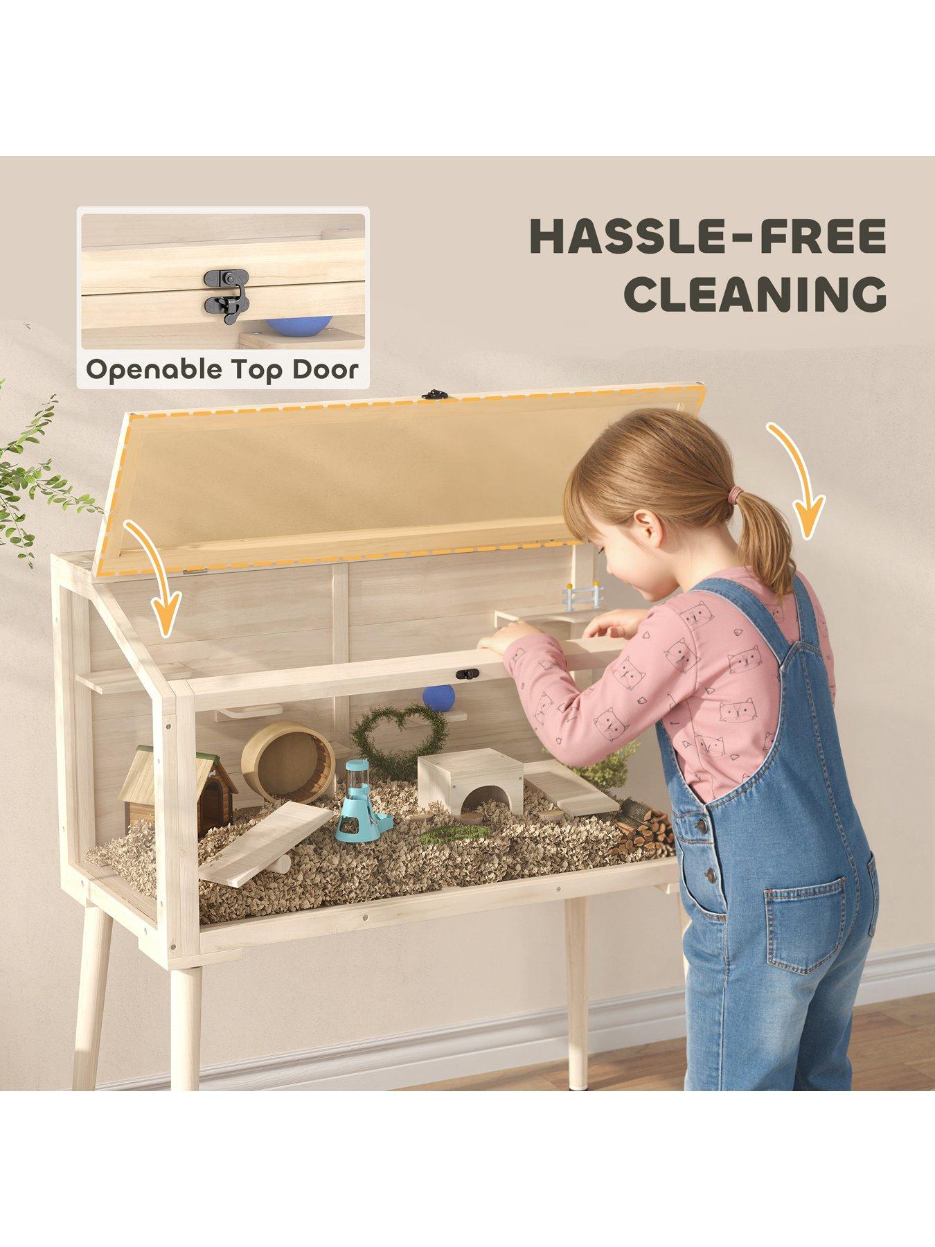 Image 5 of 7 of PawHut Wooden Hamster Cage, Gerbil Cage with Openable Top, Seesaws, Platforms, Water Bottle, Small Animal Habitat for Syrian, Dwarf, Mouse, Rats, Rodent, 110 x 52 x 101 cm