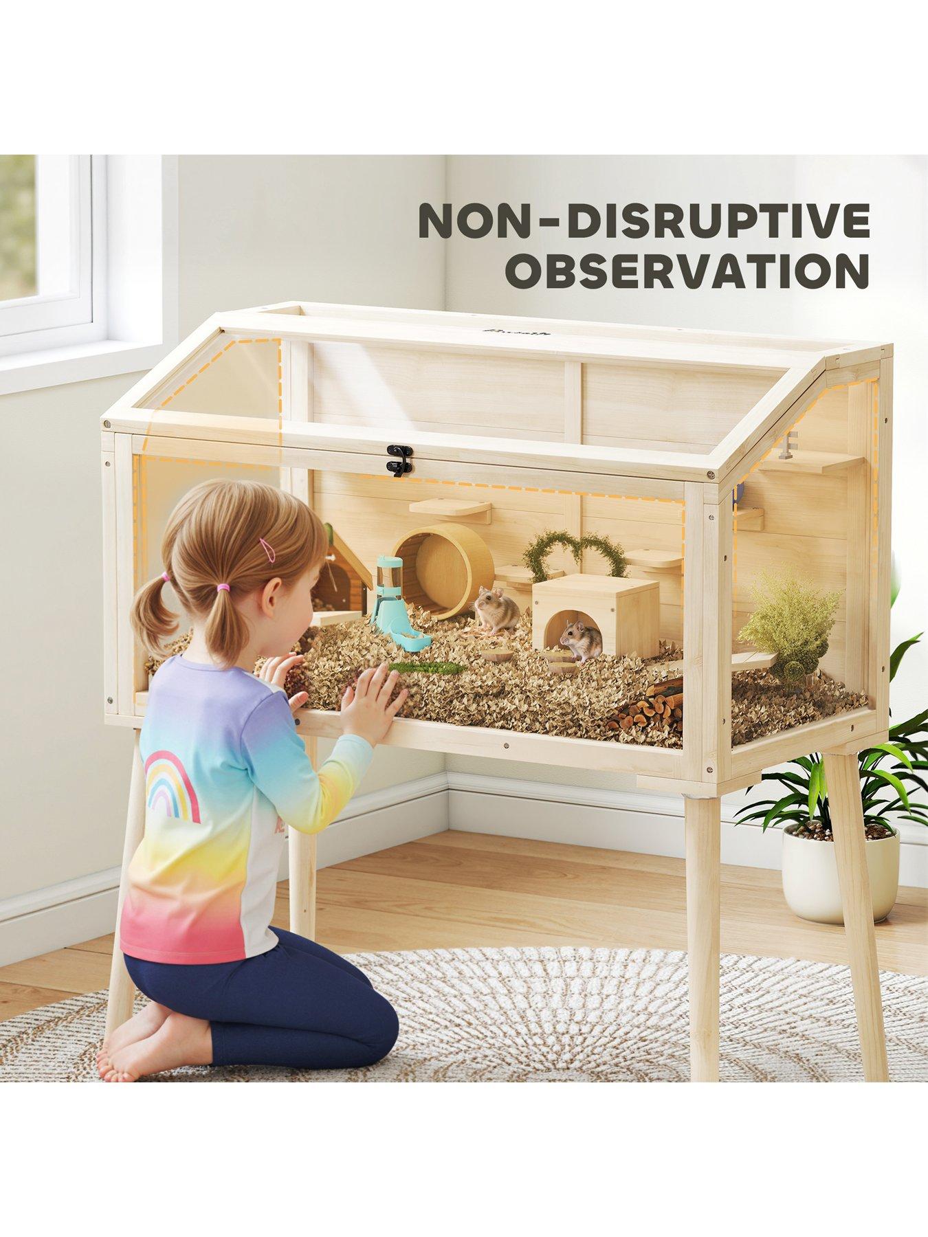 Image 6 of 7 of PawHut Wooden Hamster Cage, Gerbil Cage with Openable Top, Seesaws, Platforms, Water Bottle, Small Animal Habitat for Syrian, Dwarf, Mouse, Rats, Rodent, 110 x 52 x 101 cm