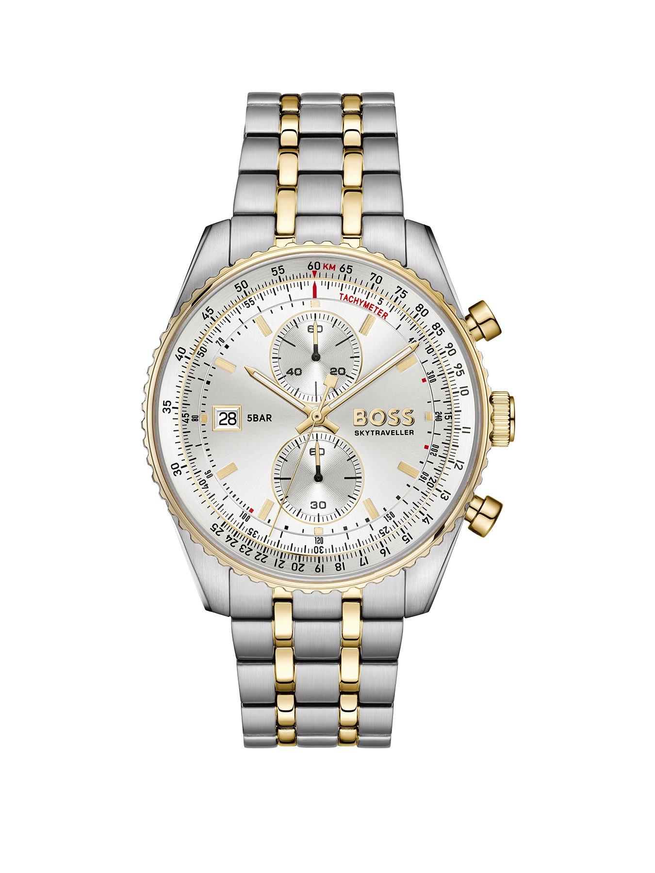 Boss Two Tone Stainless Steel And Gold Ip Skytraveller Pro Watch