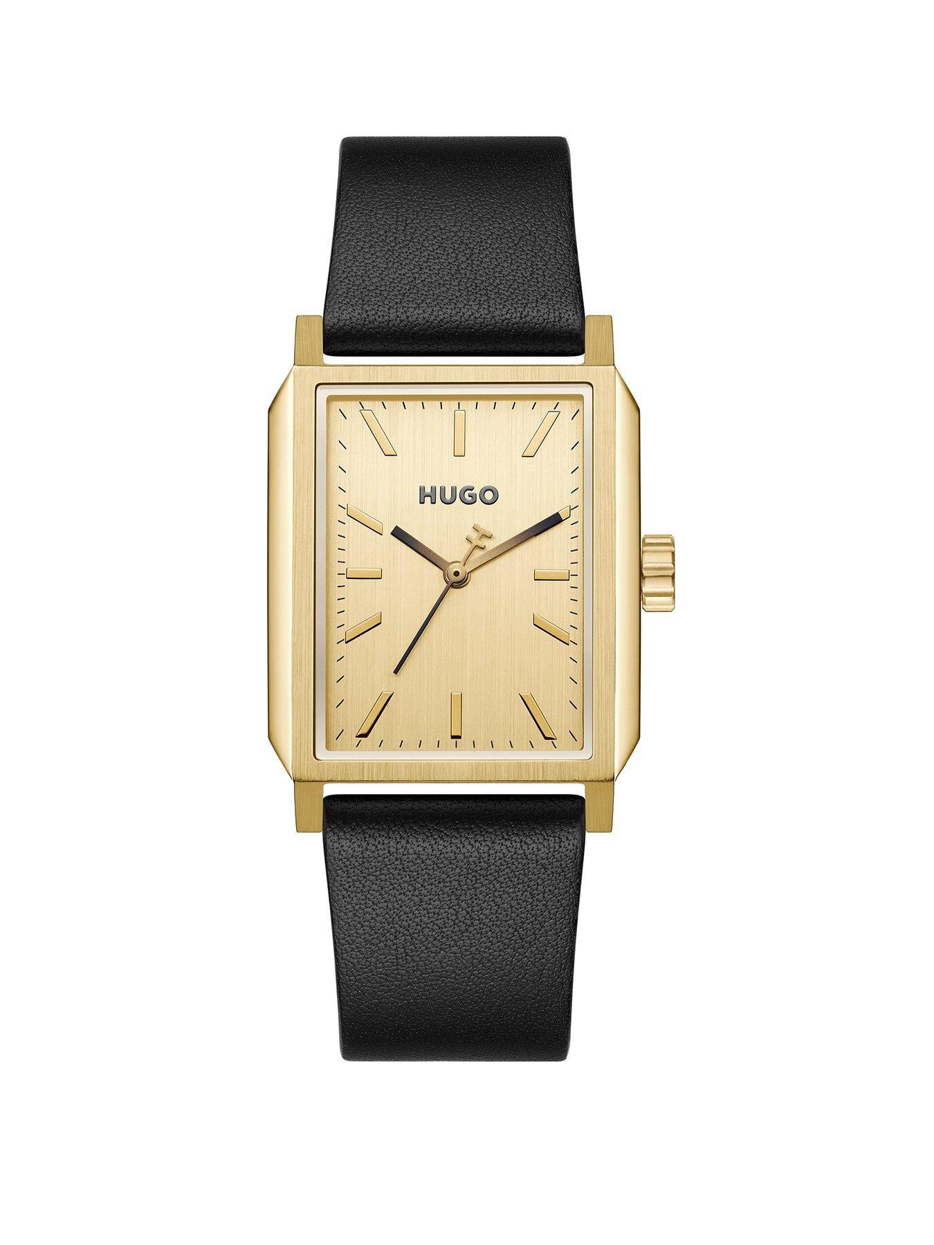 HUGO Mens #Steeze Rectangle Gold Dial Leather Strap Watch 1530481 - Image 3