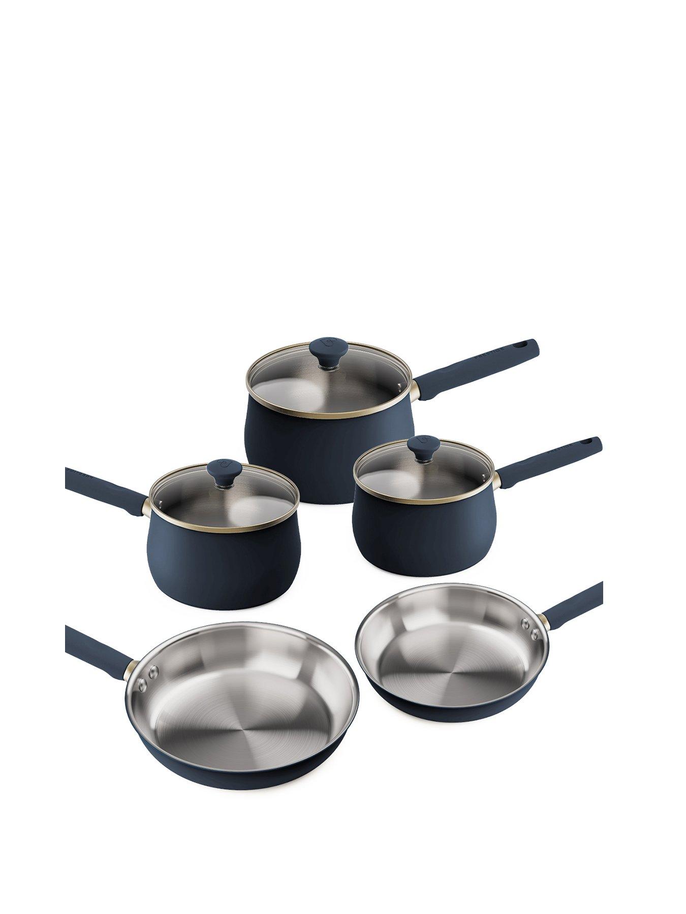 Image 1 of 5 of Prestige Stainless Steel Frying Pans &amp; Saucepans with Lids, Set of 5 - French Navy