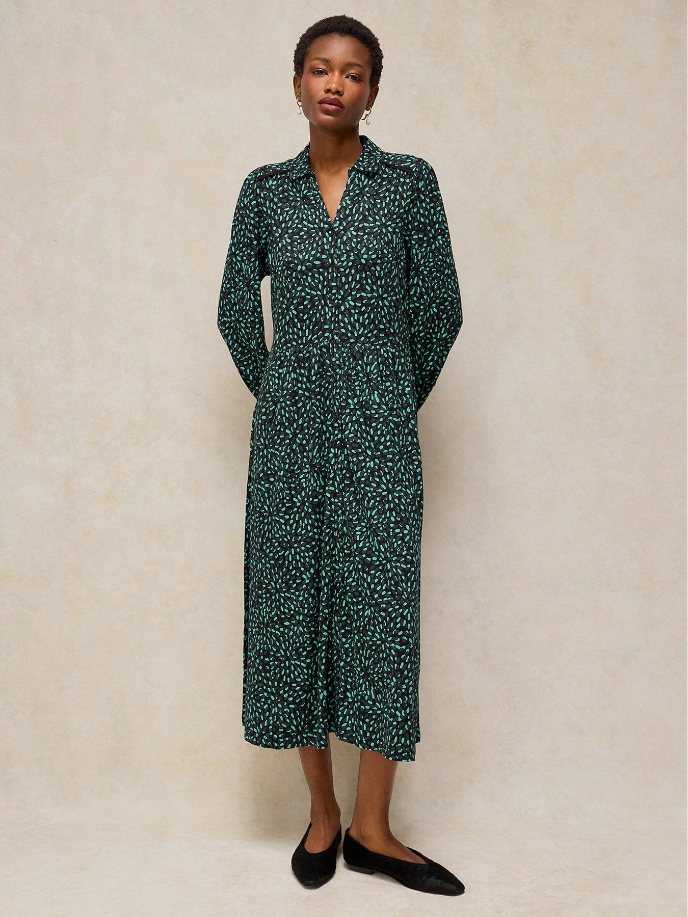 Image 1 of 5 of White Stuff Womens Reegan Soft Jersey Button-Through Midi Dress - Green