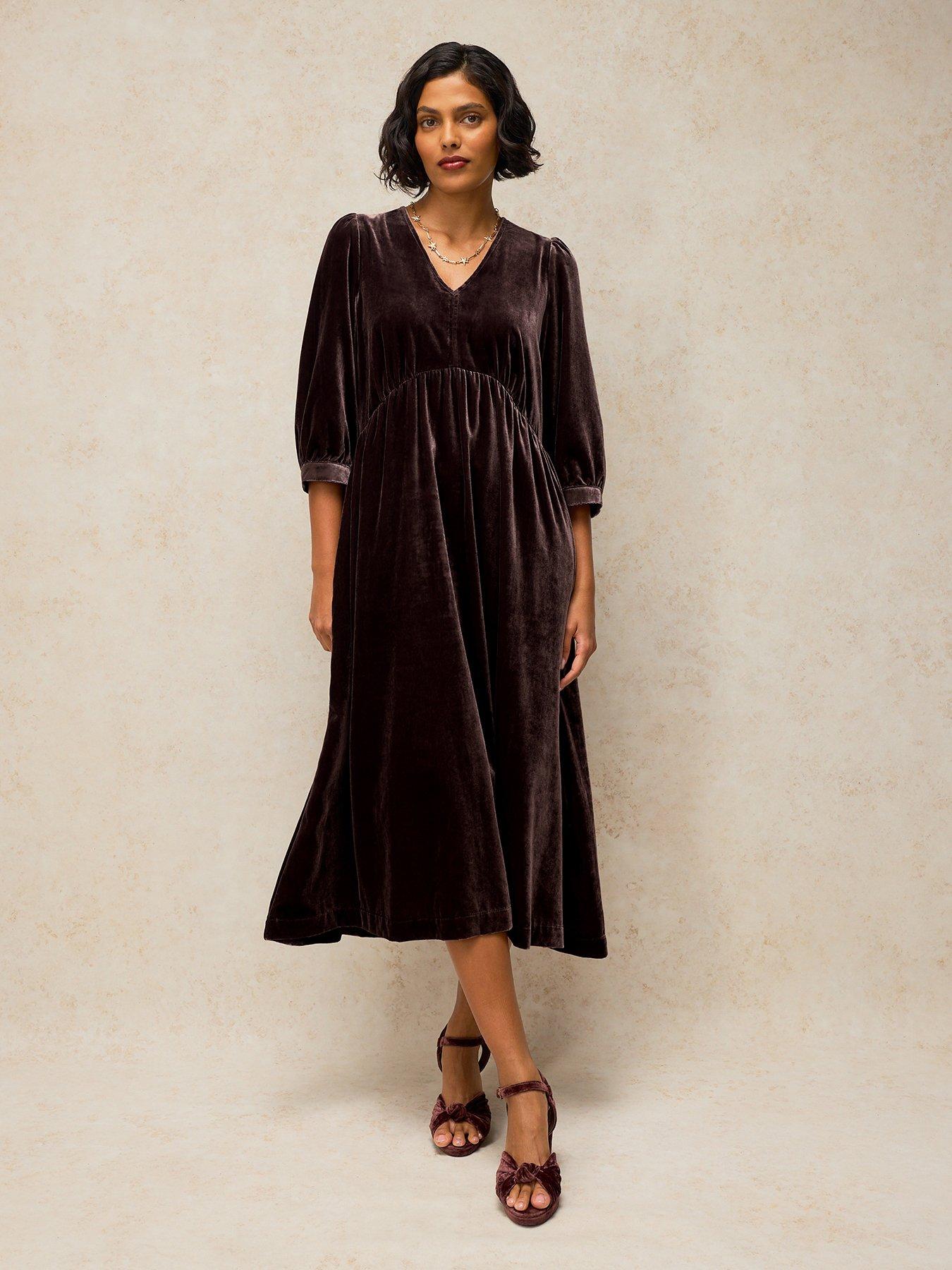 Image 1 of 5 of White Stuff Womens Lucy V-Neck Velvet Empire Seam Dress - Brown