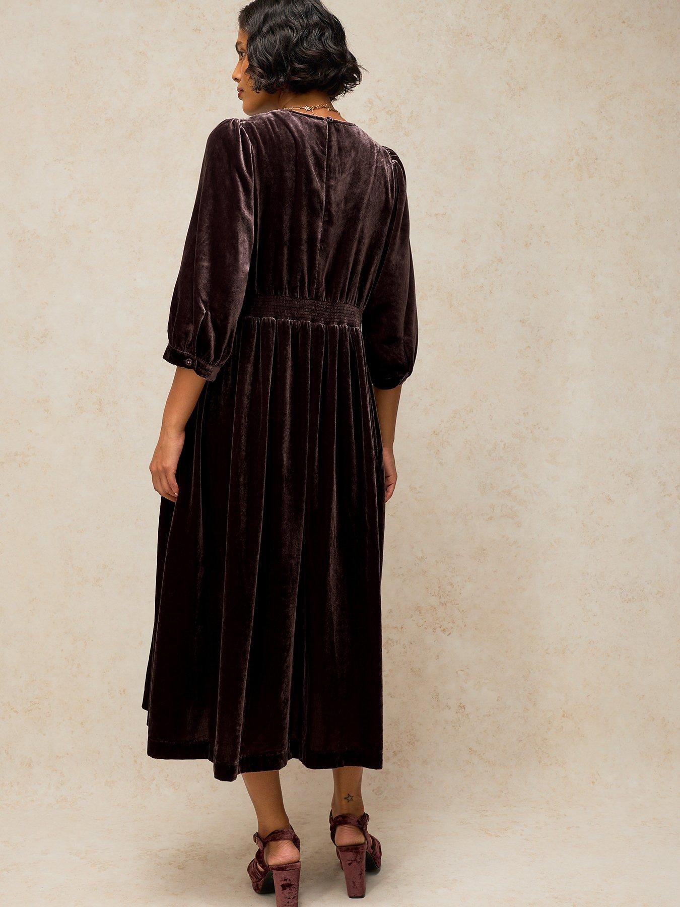 Image 2 of 5 of White Stuff Womens Lucy V-Neck Velvet Empire Seam Dress - Brown