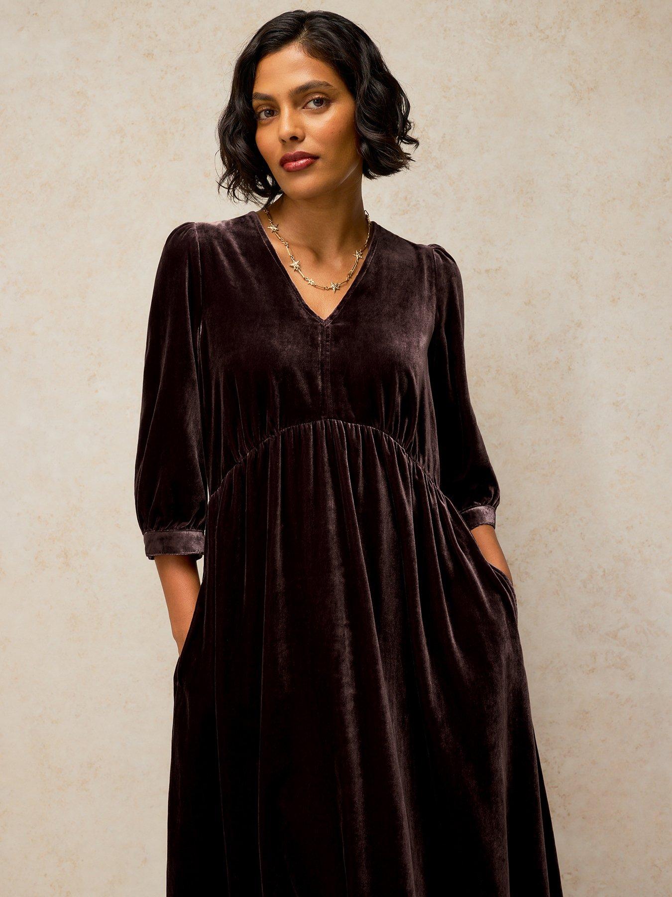 Image 3 of 5 of White Stuff Womens Lucy V-Neck Velvet Empire Seam Dress - Brown