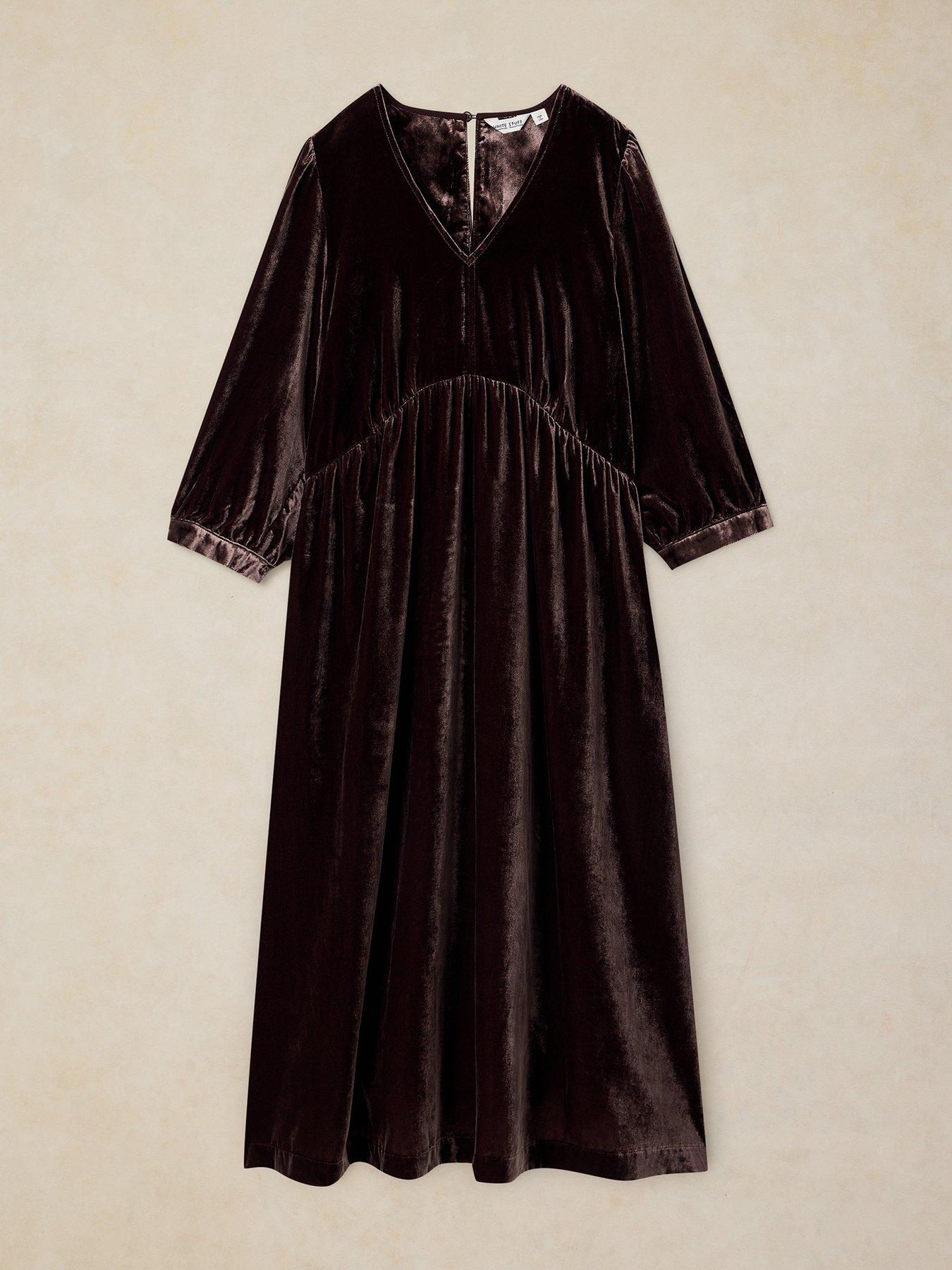 Image 5 of 5 of White Stuff Womens Lucy V-Neck Velvet Empire Seam Dress - Brown