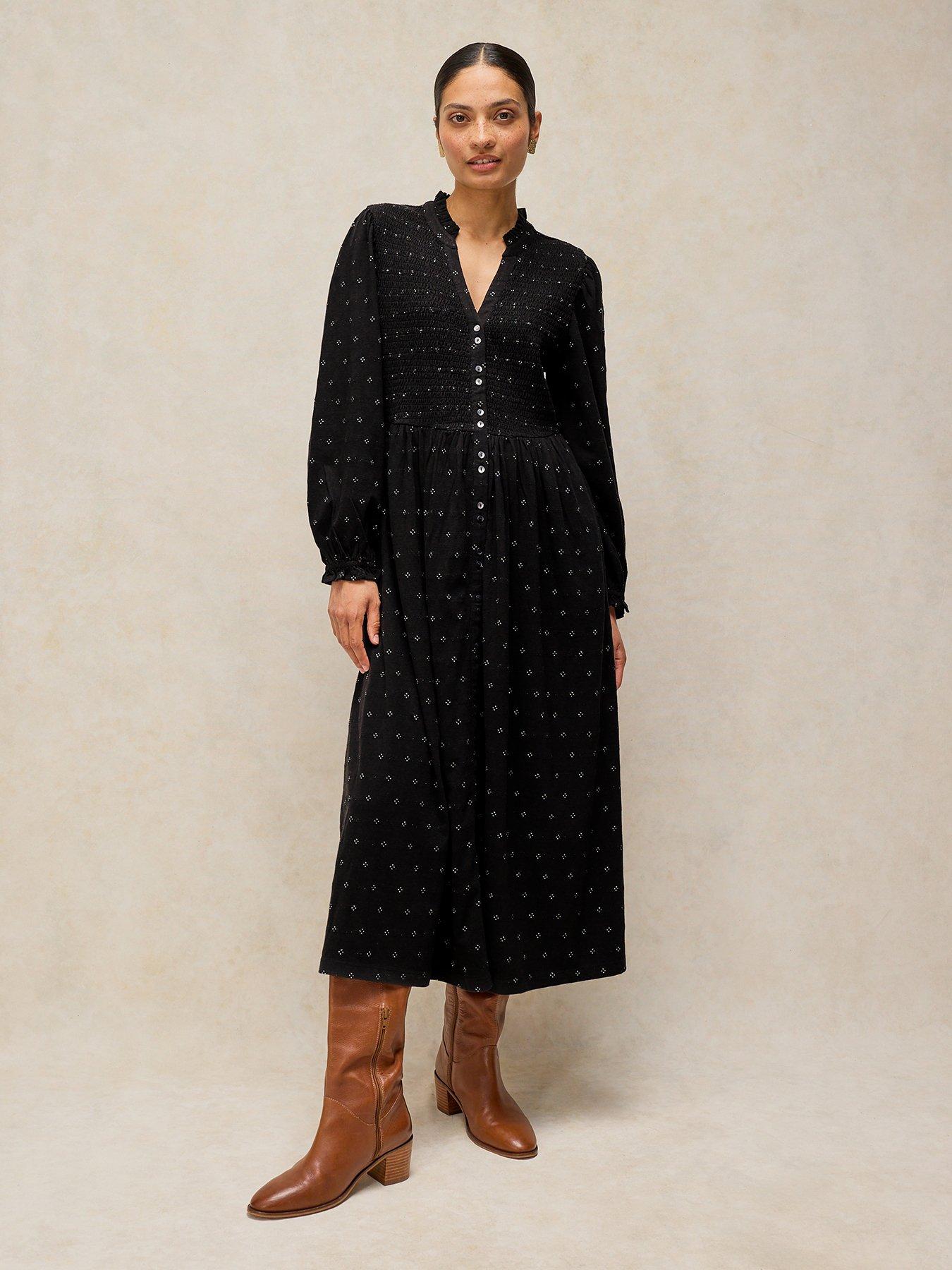 Image 1 of 5 of White Stuff Womens Ada Shirred Button-Through Midi Dress - Black